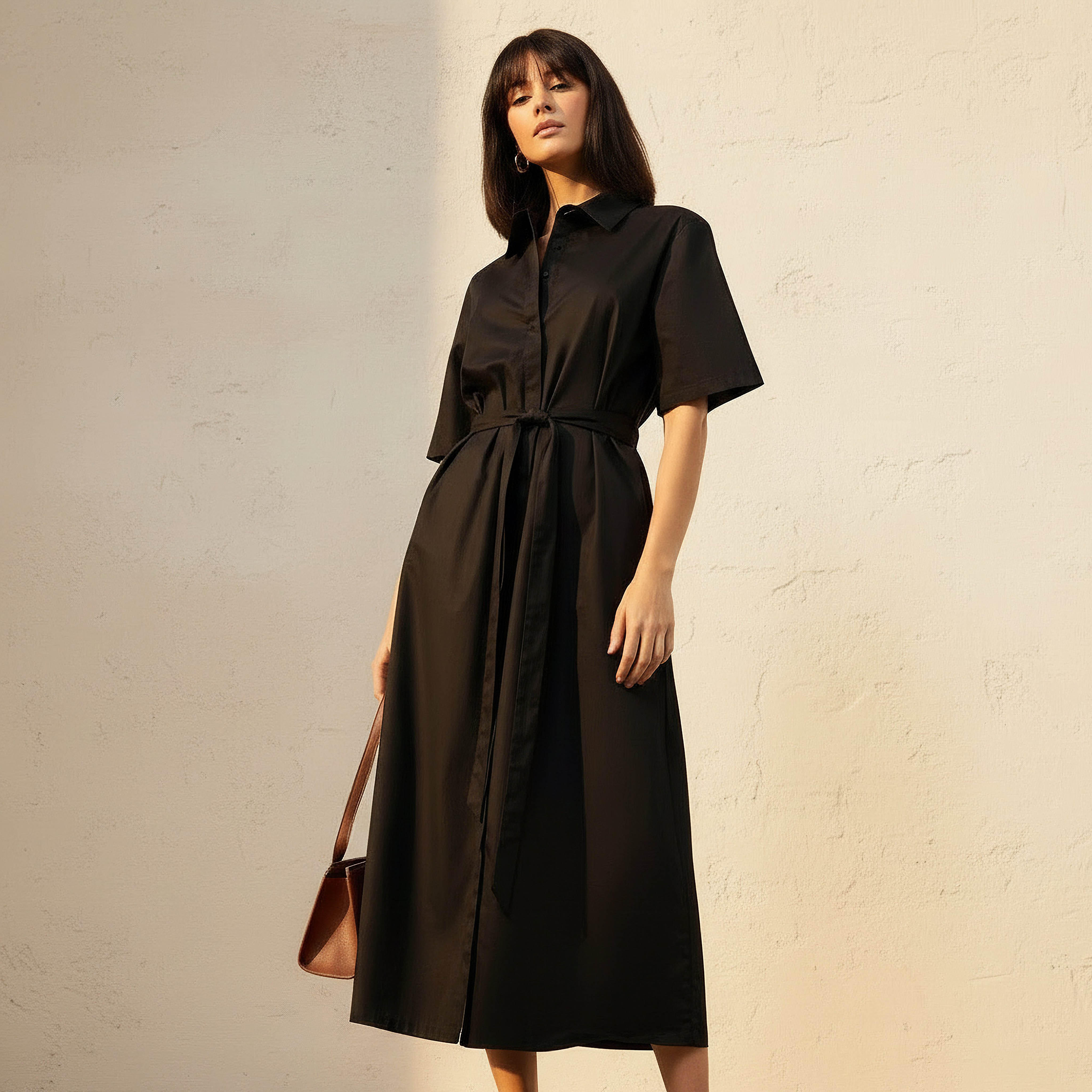 Lapel Collar Midi Cotton Shirt Dress with Tie-Up Belt-women-clothing-dresses-image-1