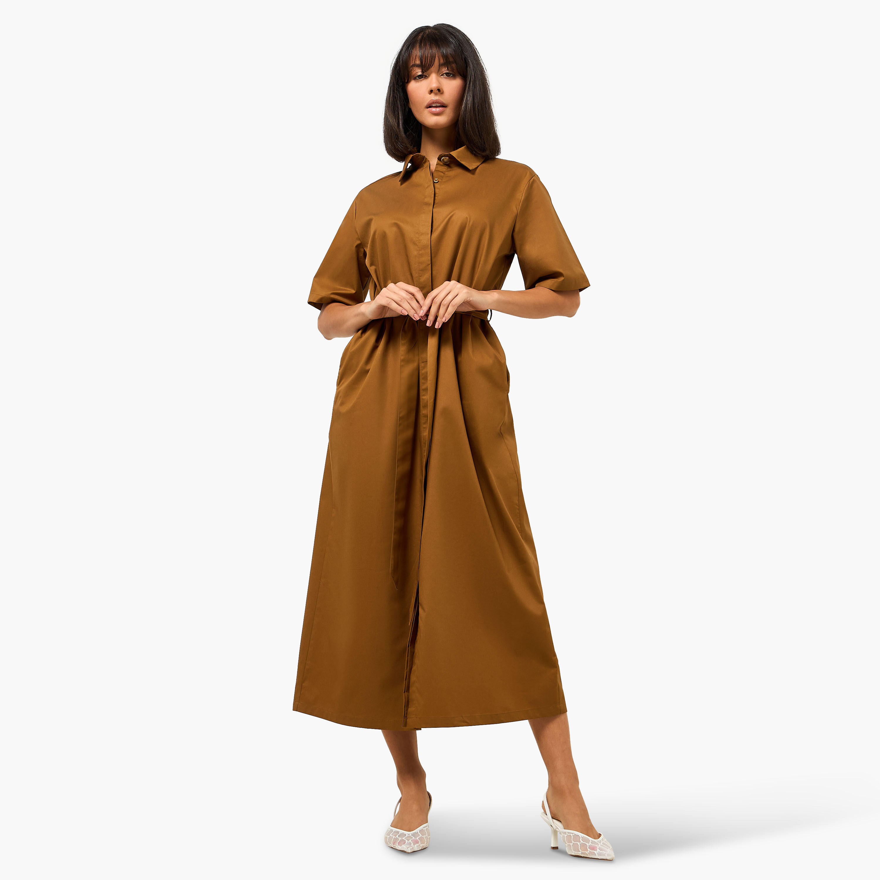 فستان قميص ميدي من القطن بياقة مطوية وحزام ربط قابل للتعديل-women-clothing-dresses-image-2