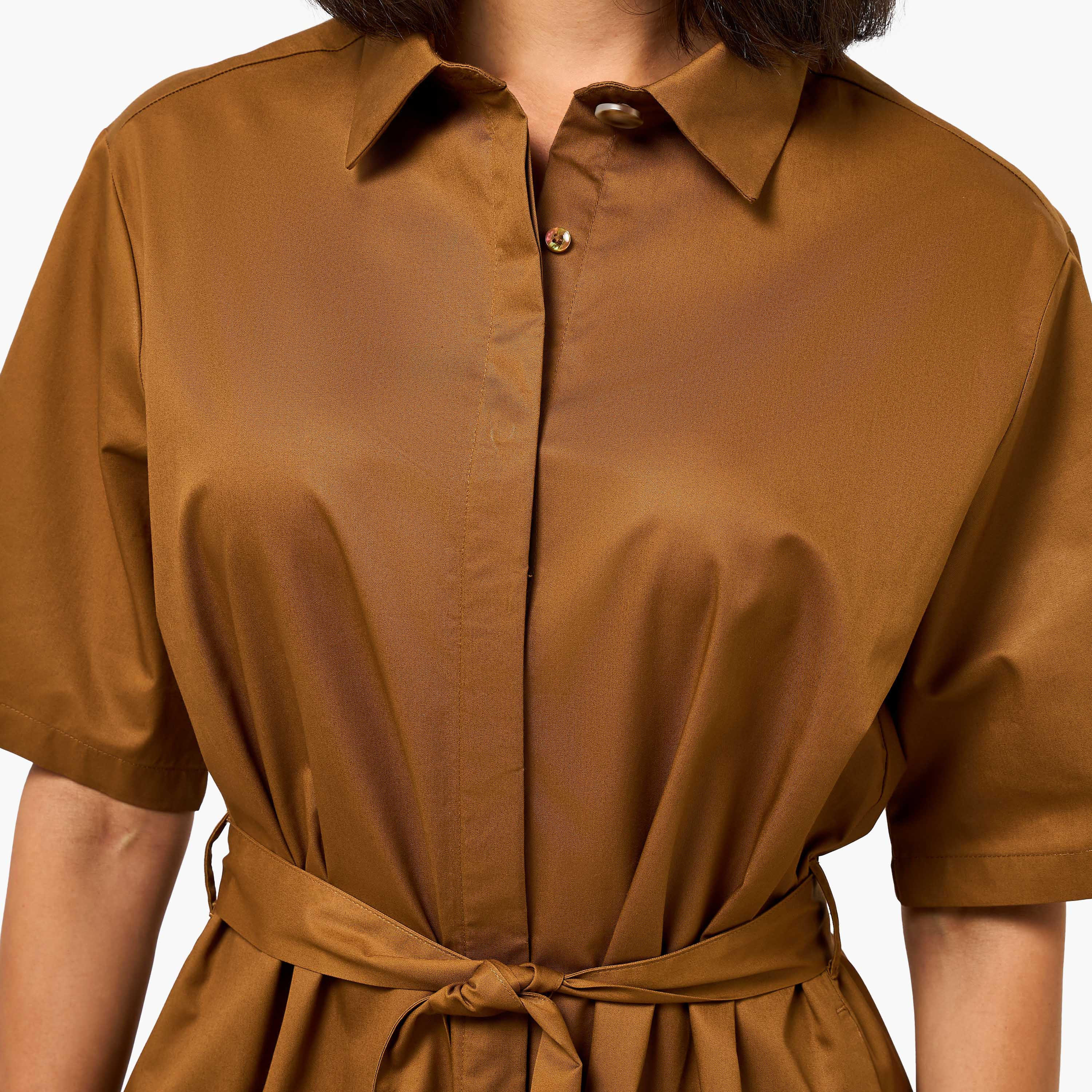 Lapel Collar Midi Cotton Shirt Dress with Tie-Up Belt-women-clothing-dresses-image-3