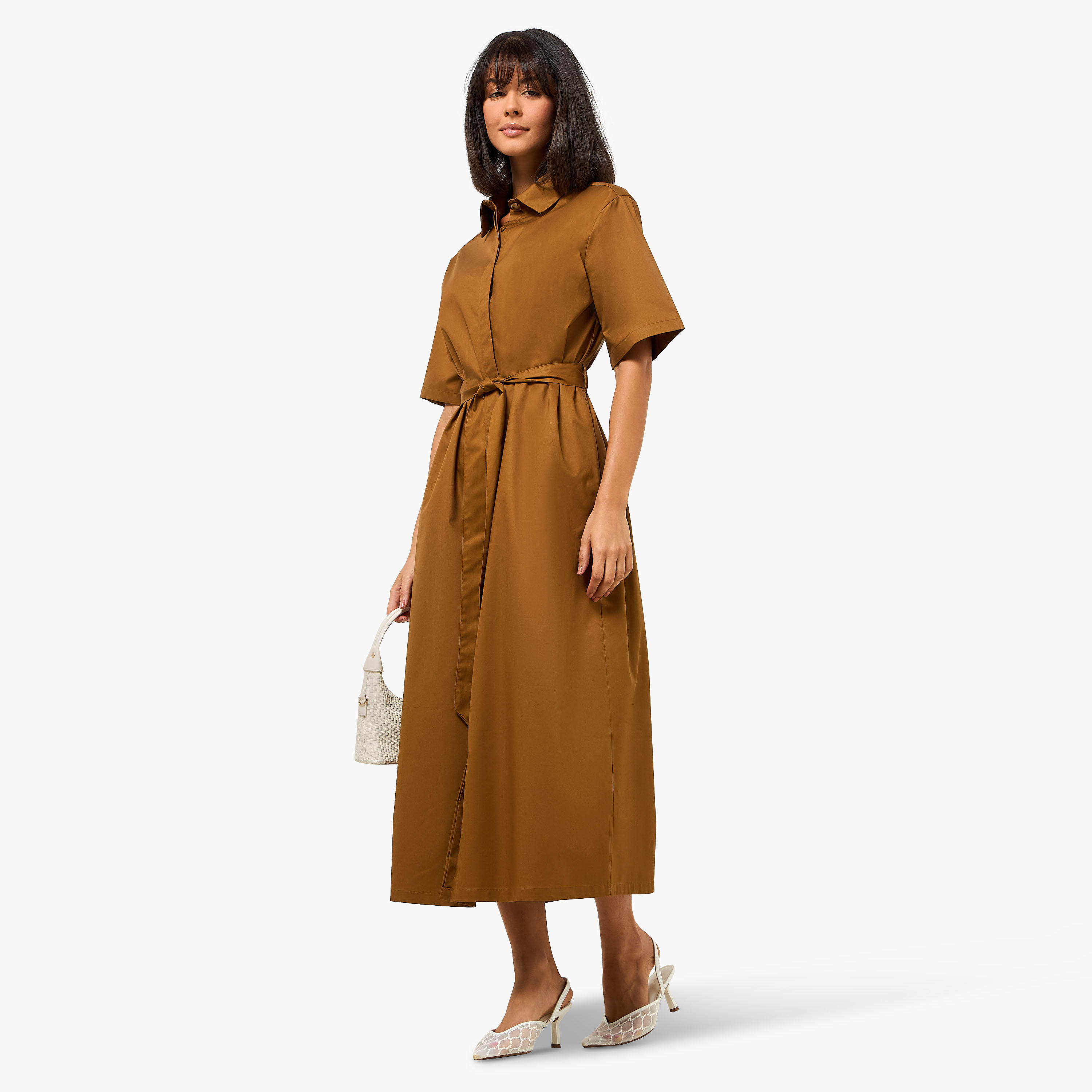 فستان قميص ميدي من القطن بياقة مطوية وحزام ربط قابل للتعديل-women-clothing-dresses-image-4