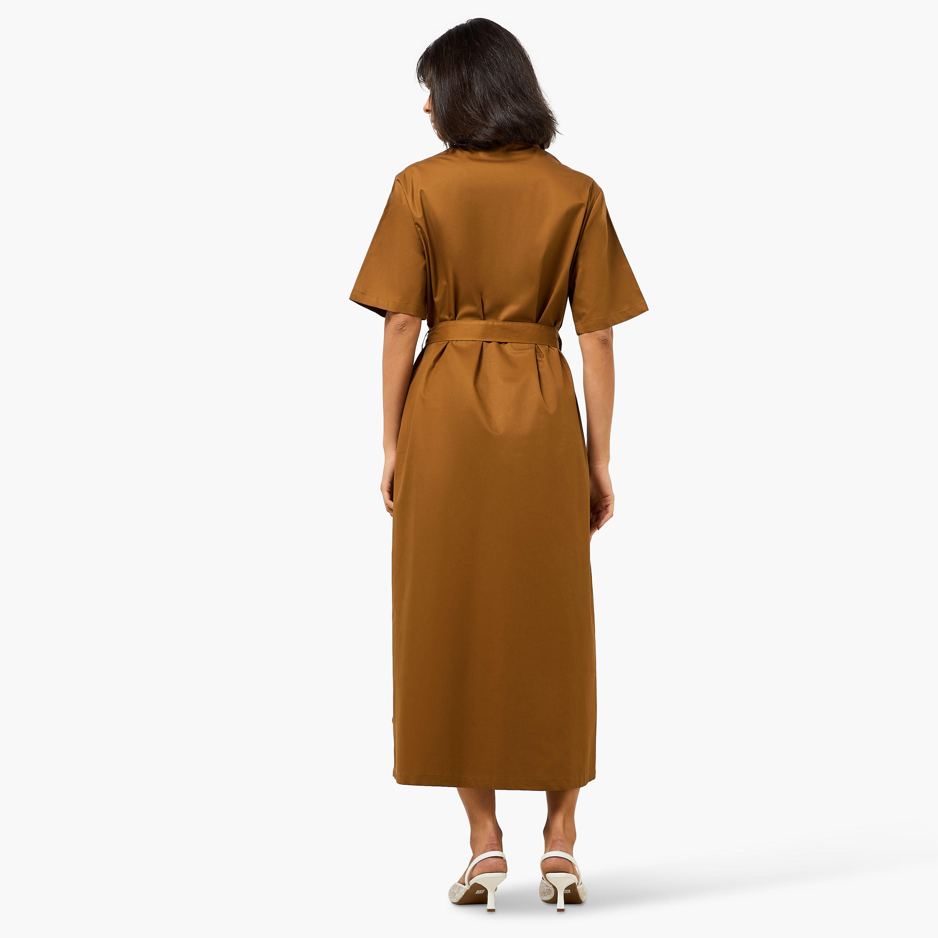 Lapel Collar Midi Cotton Shirt Dress with Tie-Up Belt-women-clothing-dresses-image-5