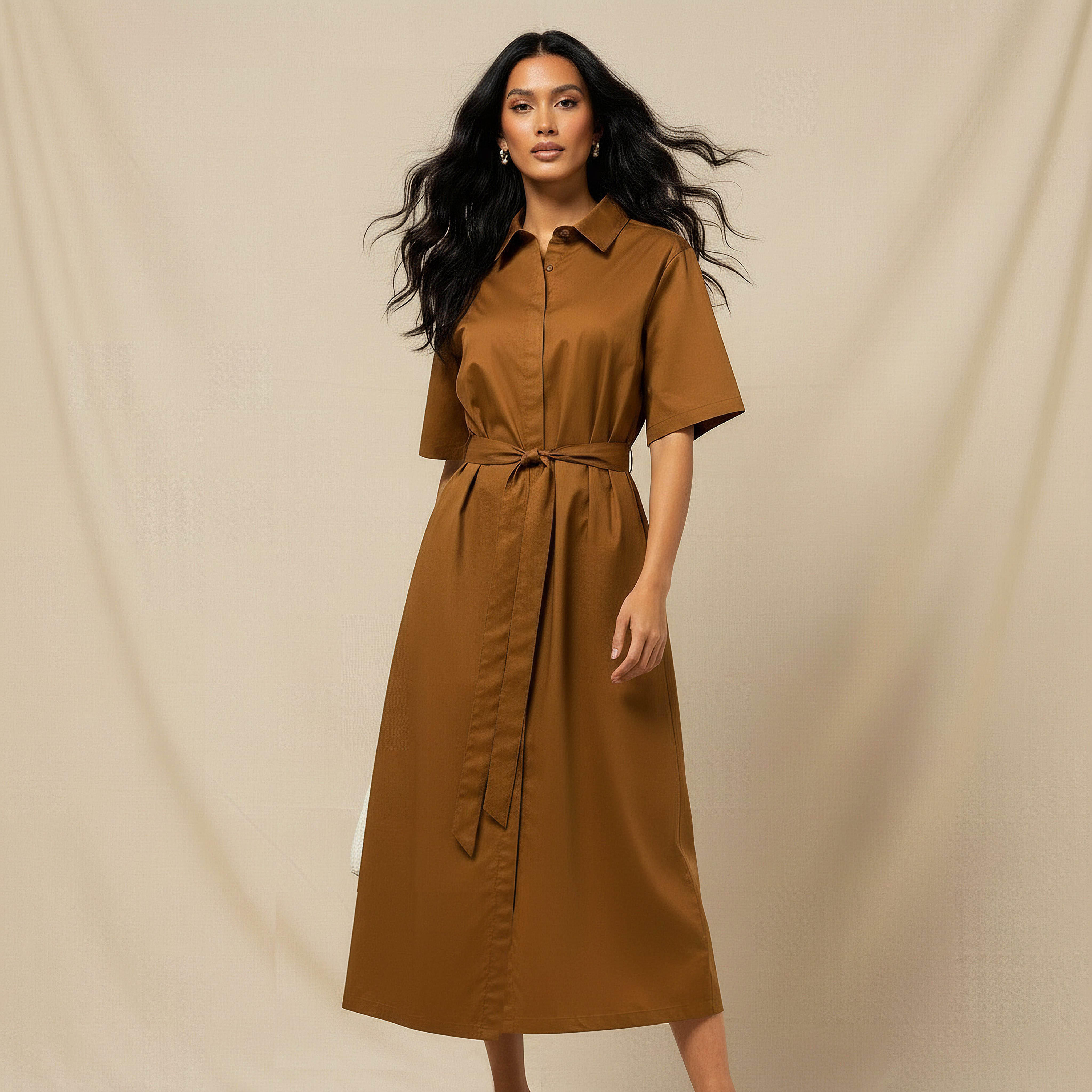 Lapel Collar Midi Cotton Shirt Dress with Tie-Up Belt-women-clothing-dresses-image-1