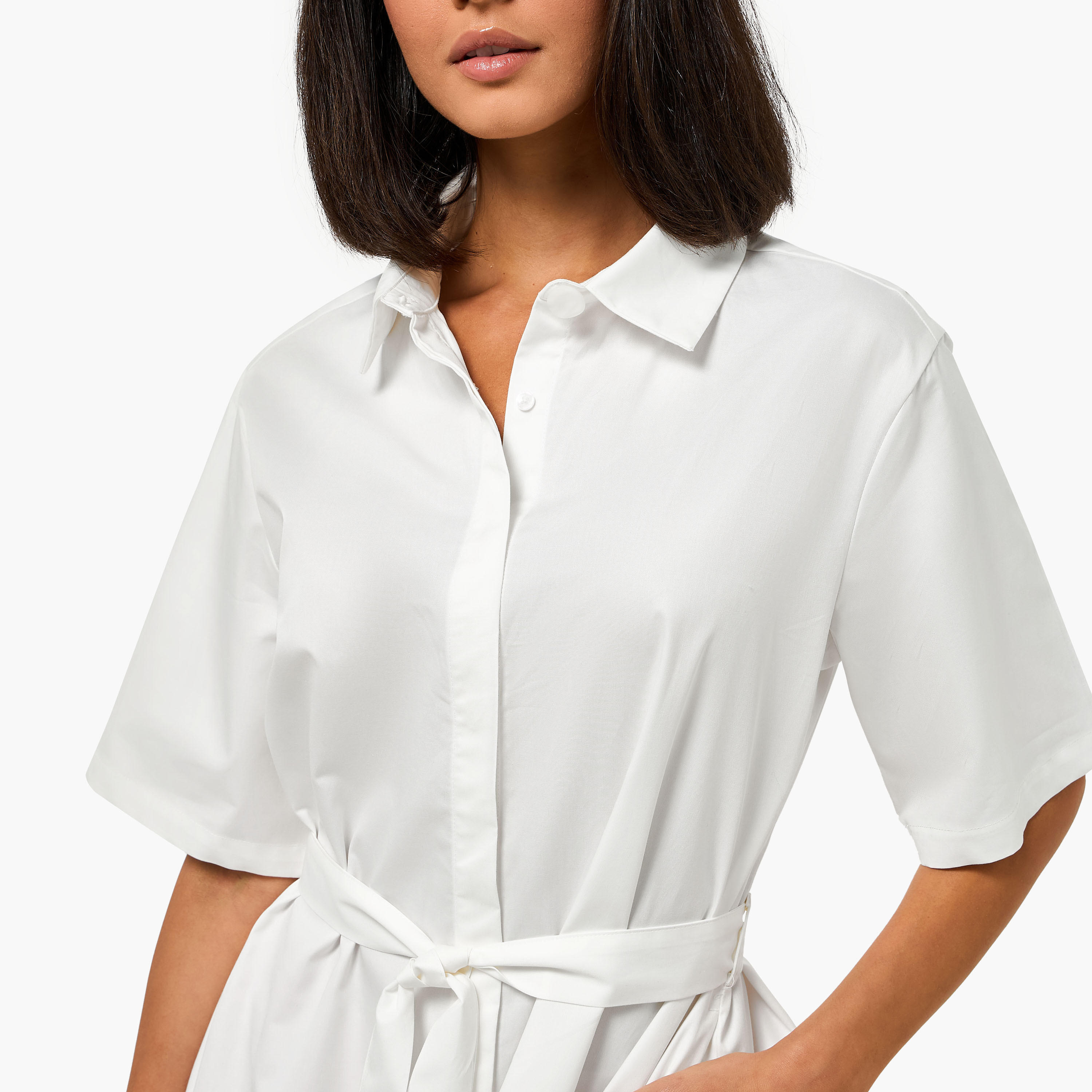 Lapel Collar Midi Cotton Shirt Dress with Tie-Up Belt-women-clothing-dresses-image-3