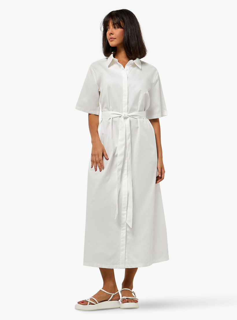 Lapel Collar Midi Cotton Shirt Dress with Tie-Up Belt-women-clothing-dresses-image-4