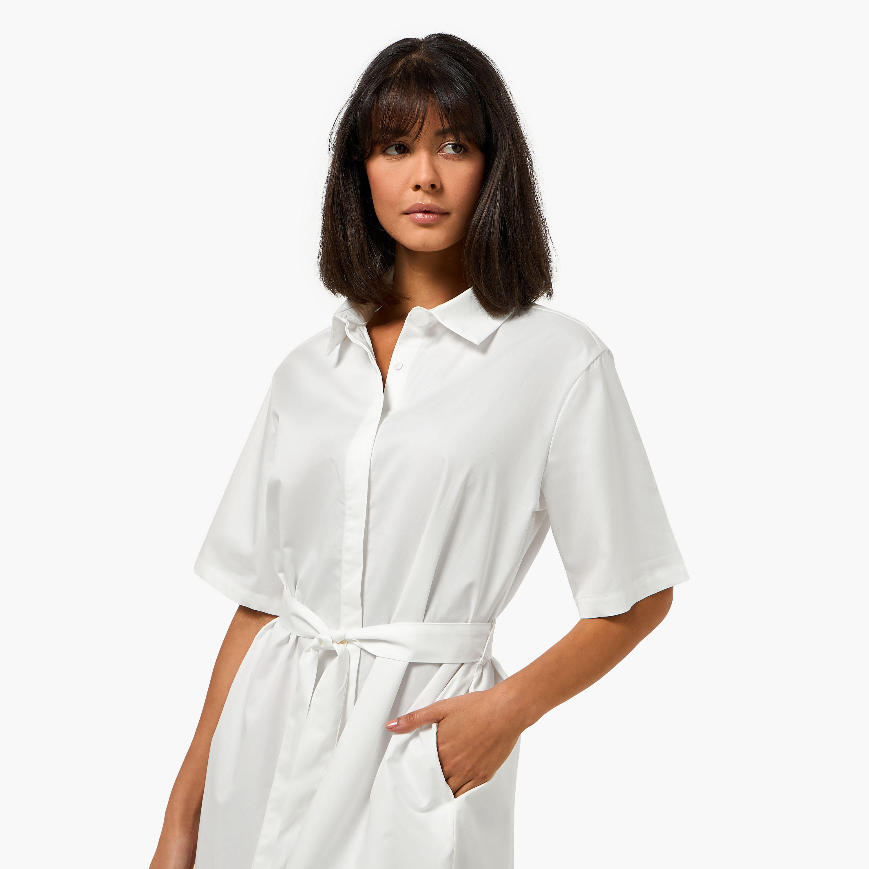 Lapel Collar Midi Cotton Shirt Dress with Tie-Up Belt-women-clothing-dresses-image-6