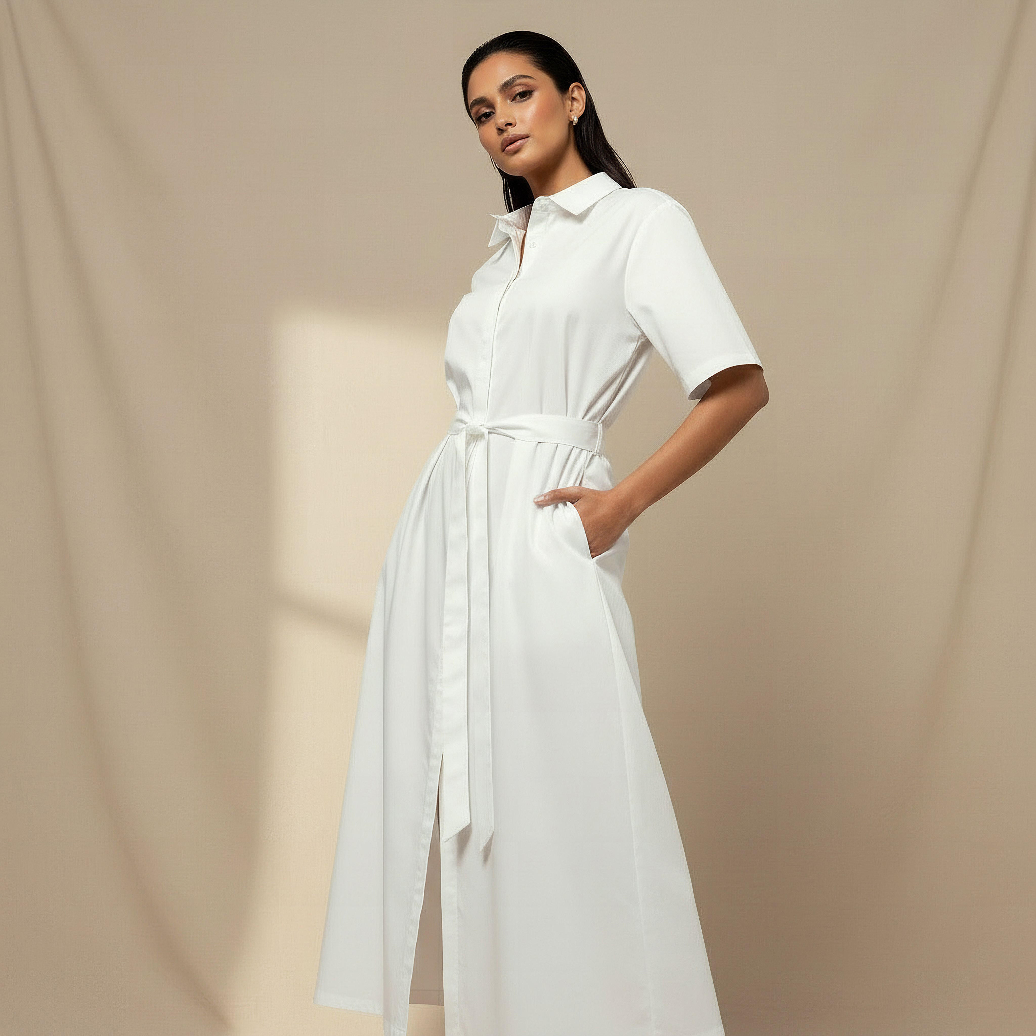 Lapel Collar Midi Cotton Shirt Dress with Tie-Up Belt-women-clothing-dresses-image-1