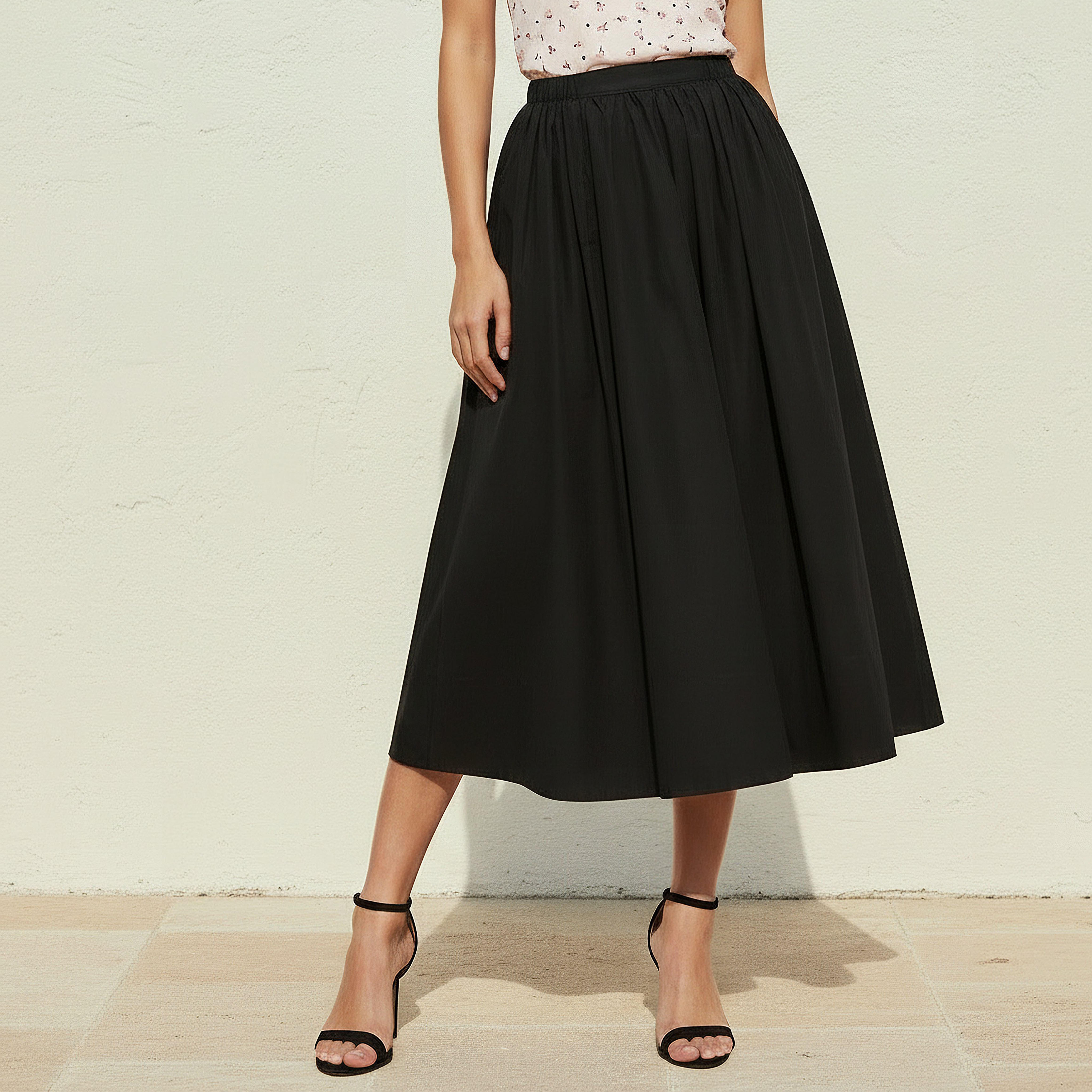 Midi Cotton A-line Skirt with Semi-Elasticated Waist-women-clothing-bottoms-skirts-image-1