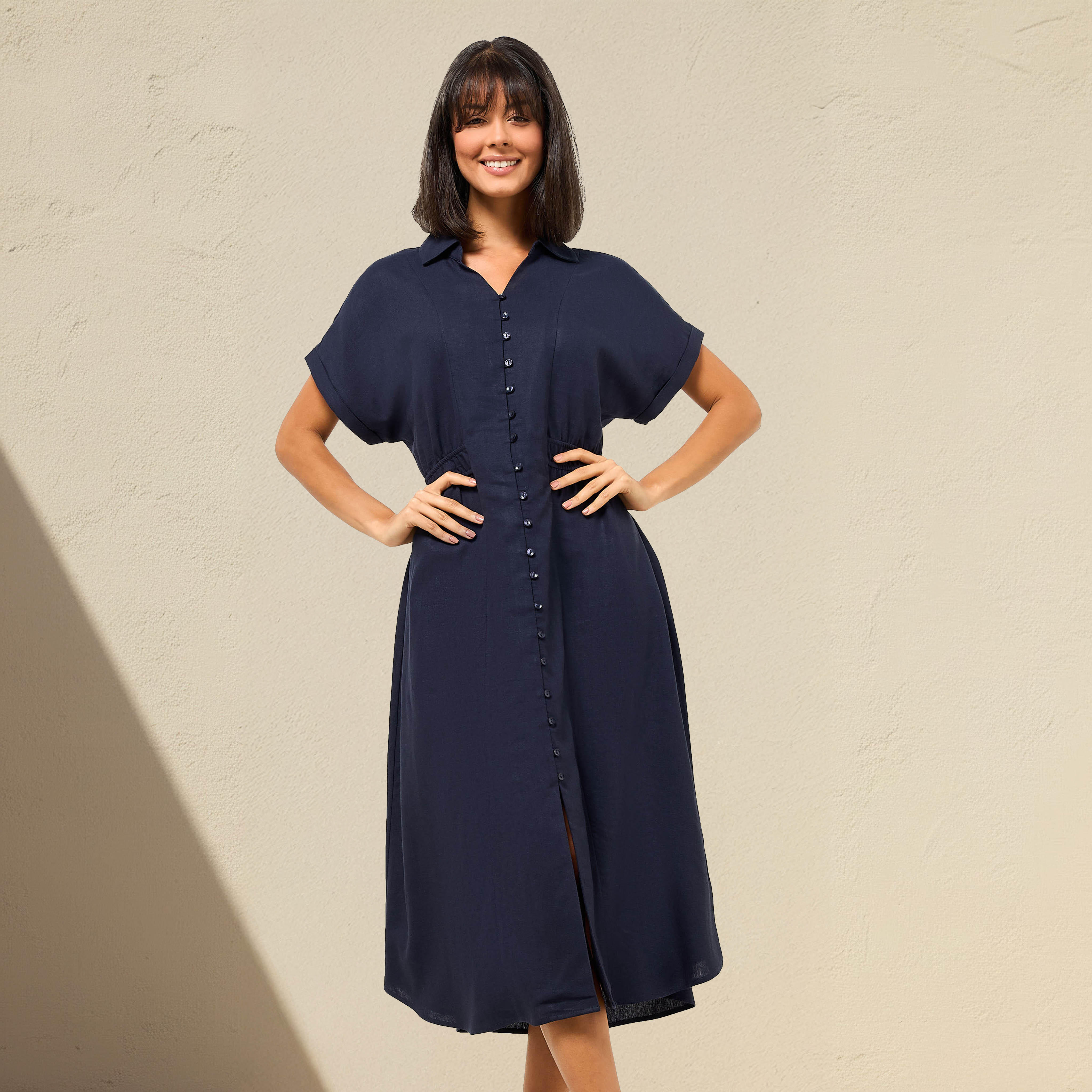 A-line Midi Linen Blend Shirt Dress with Cinched Waist-women-clothing-dresses-image-1