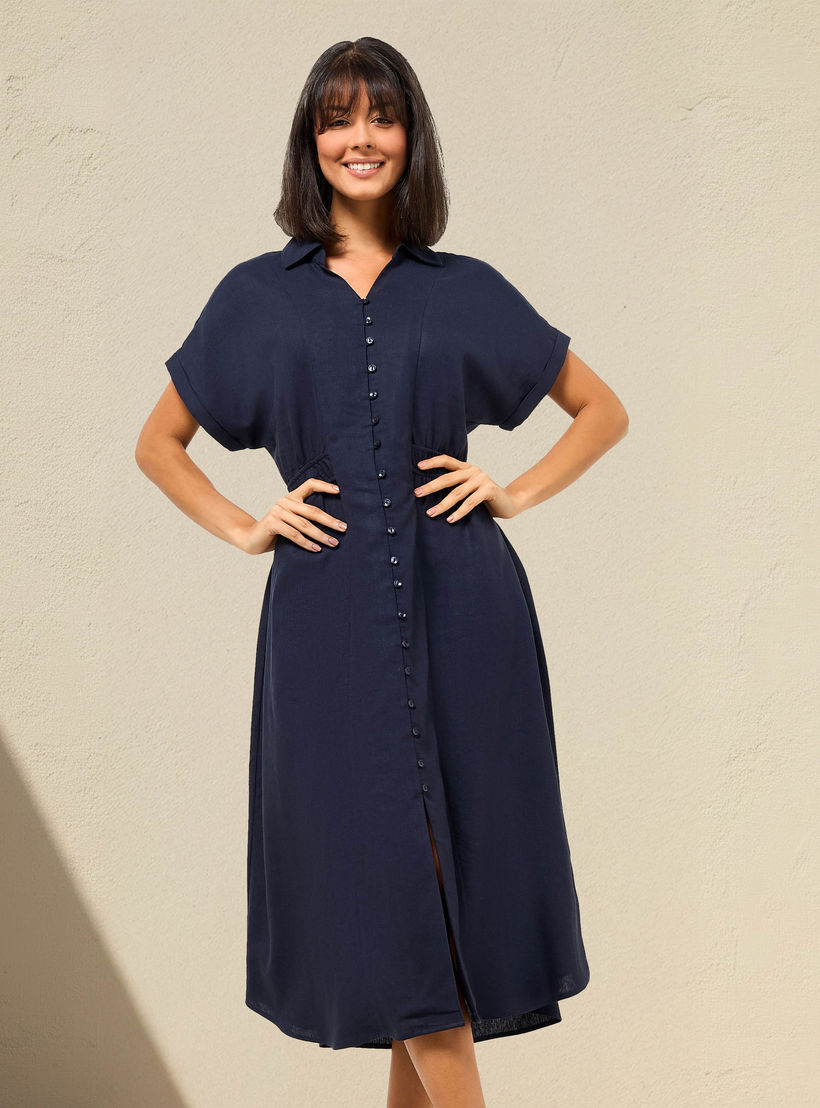 A-line Midi Linen Blend Shirt Dress with Cinched Waist-women-clothing-dresses-image-1
