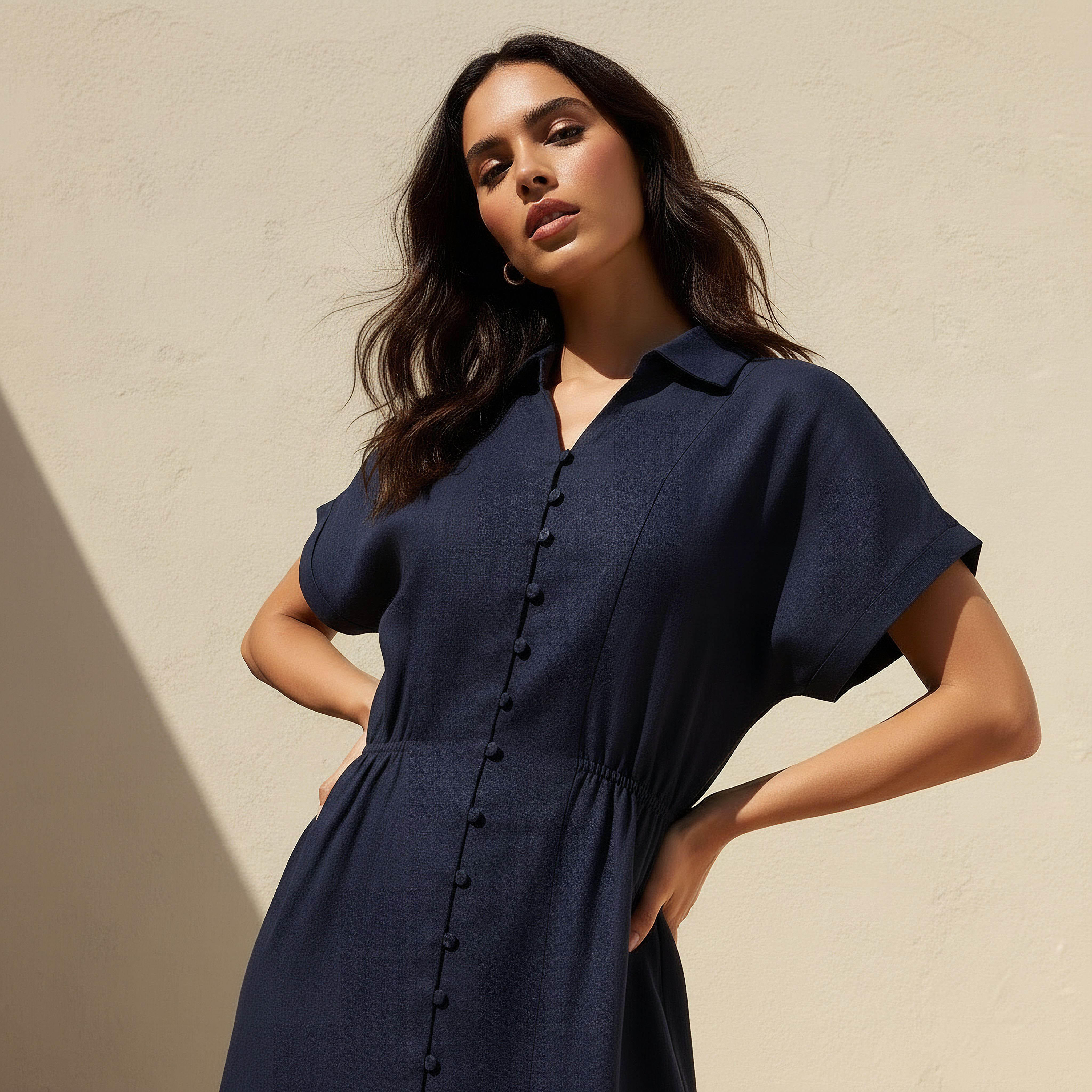 A-line Midi Linen Blend Shirt Dress with Cinched Waist-women-clothing-dresses-image-2