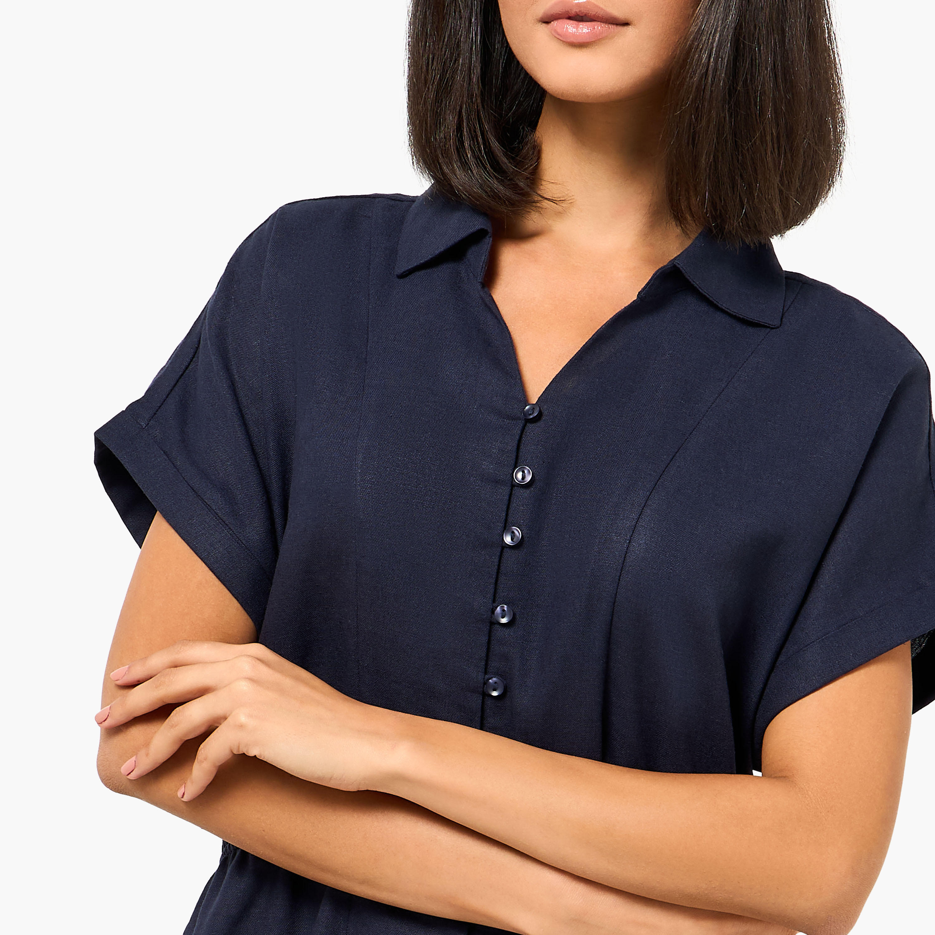 A-line Midi Linen Blend Shirt Dress with Cinched Waist-women-clothing-dresses-image-3