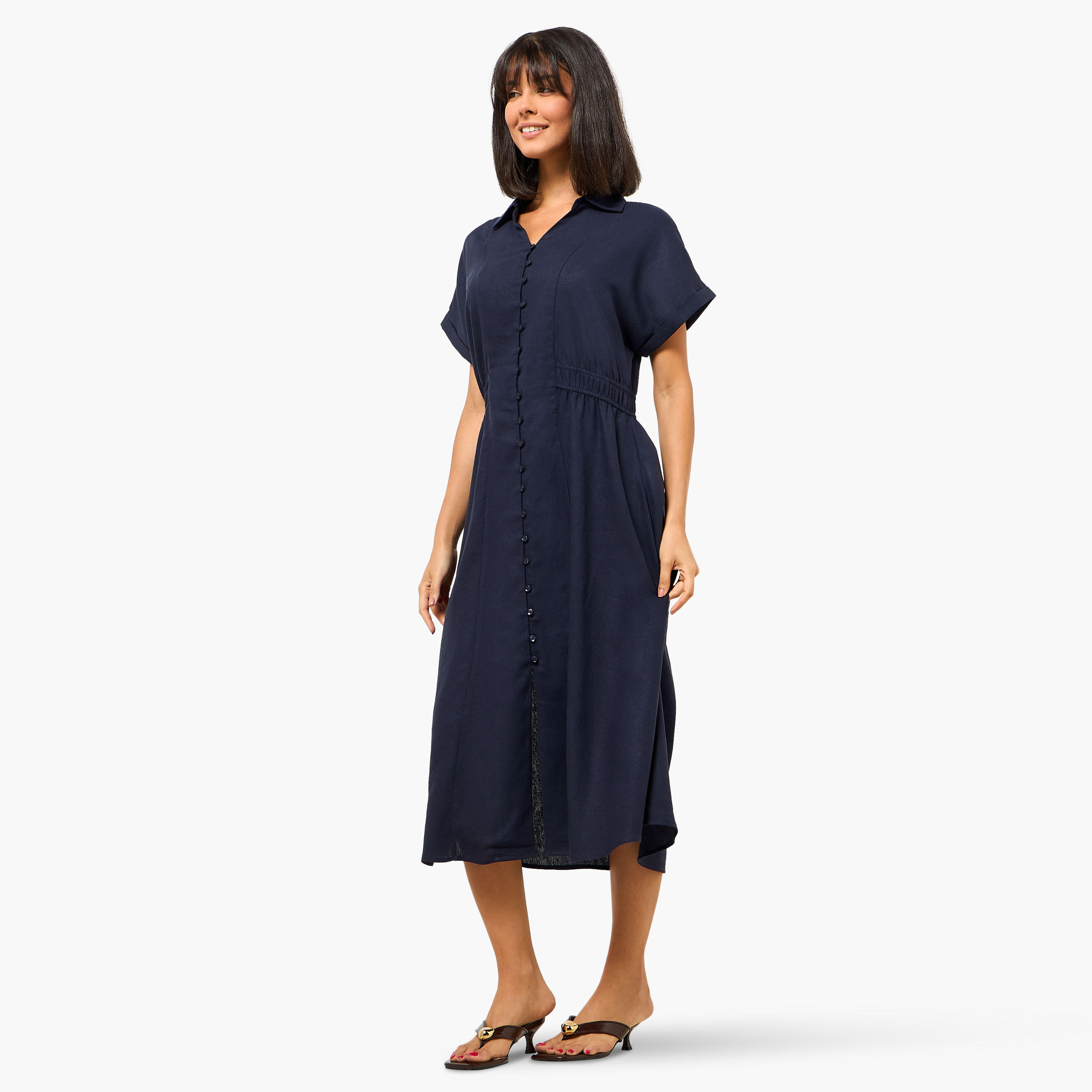 A-line Midi Linen Blend Shirt Dress with Cinched Waist-women-clothing-dresses-image-4