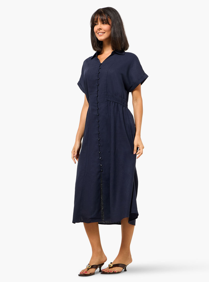 A-line Midi Linen Blend Shirt Dress with Cinched Waist-women-clothing-dresses-image-4