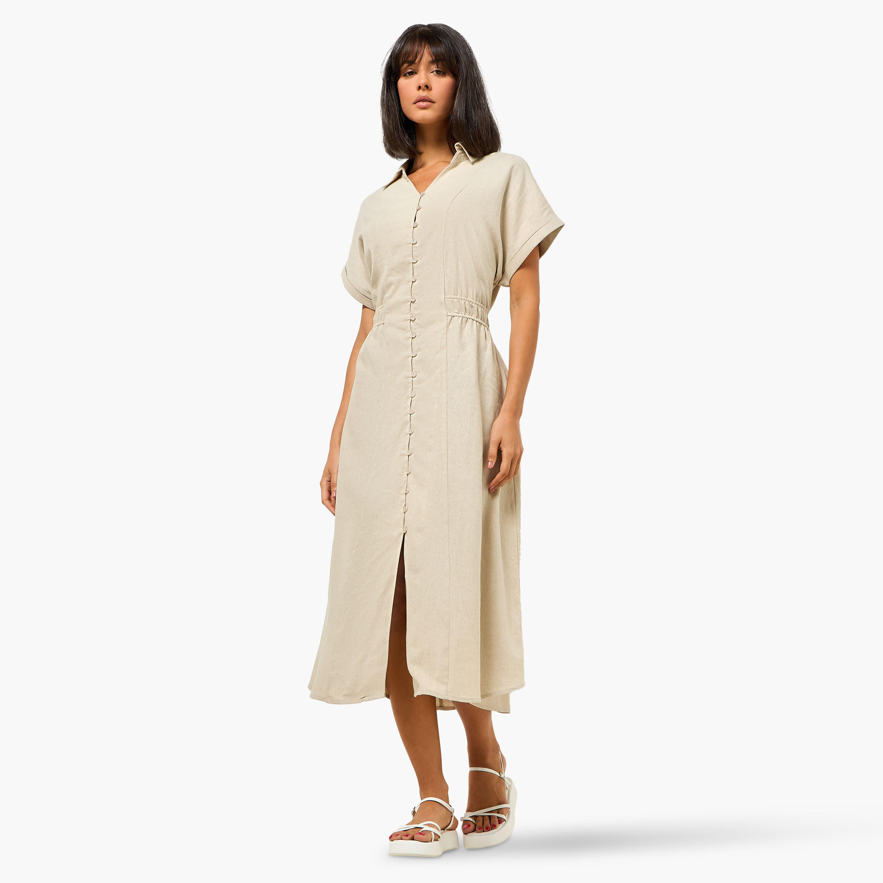 A-line Midi Linen Blend Shirt Dress with Cinched Waist-women-clothing-dresses-image-2
