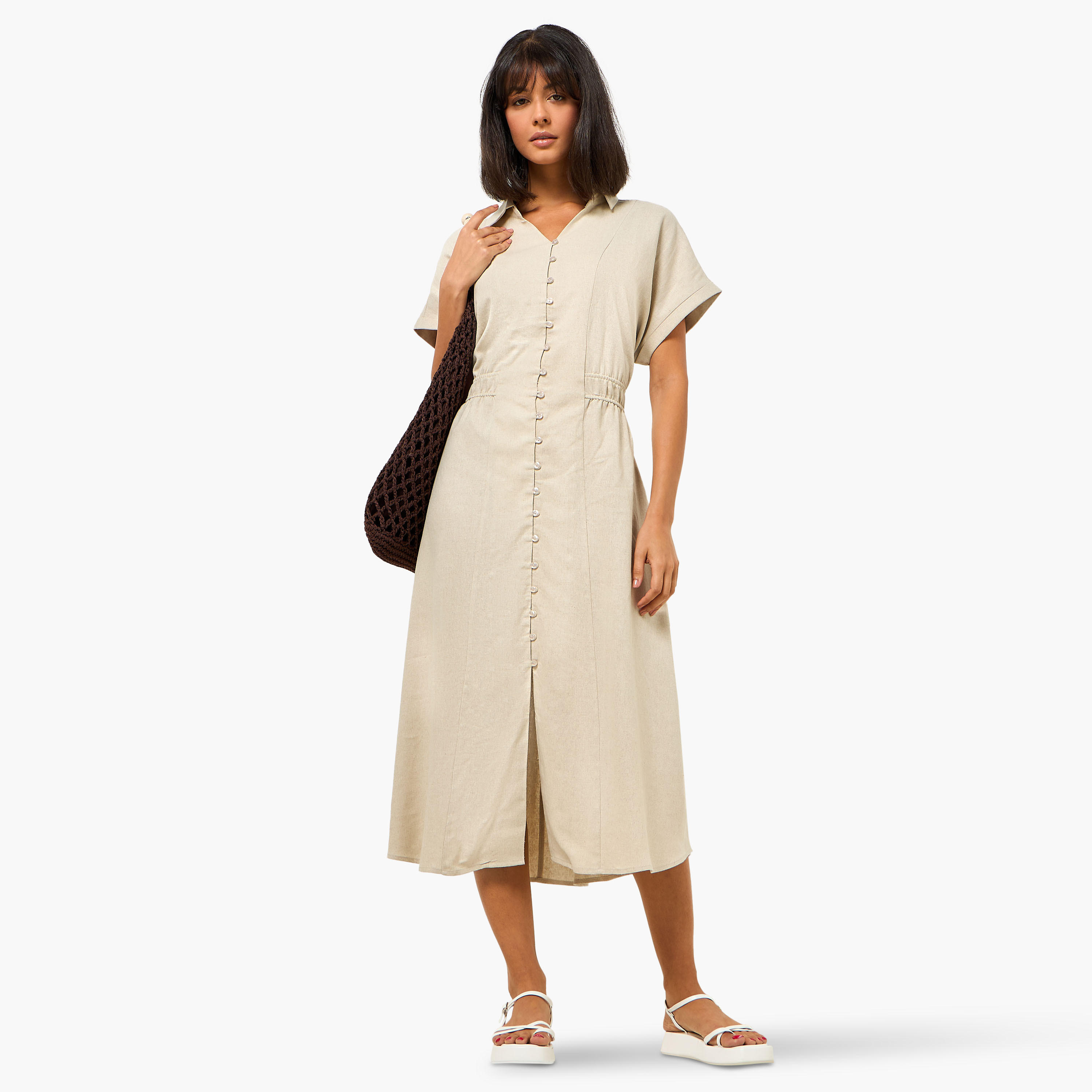 A-line Midi Linen Blend Shirt Dress with Cinched Waist-women-clothing-dresses-image-4