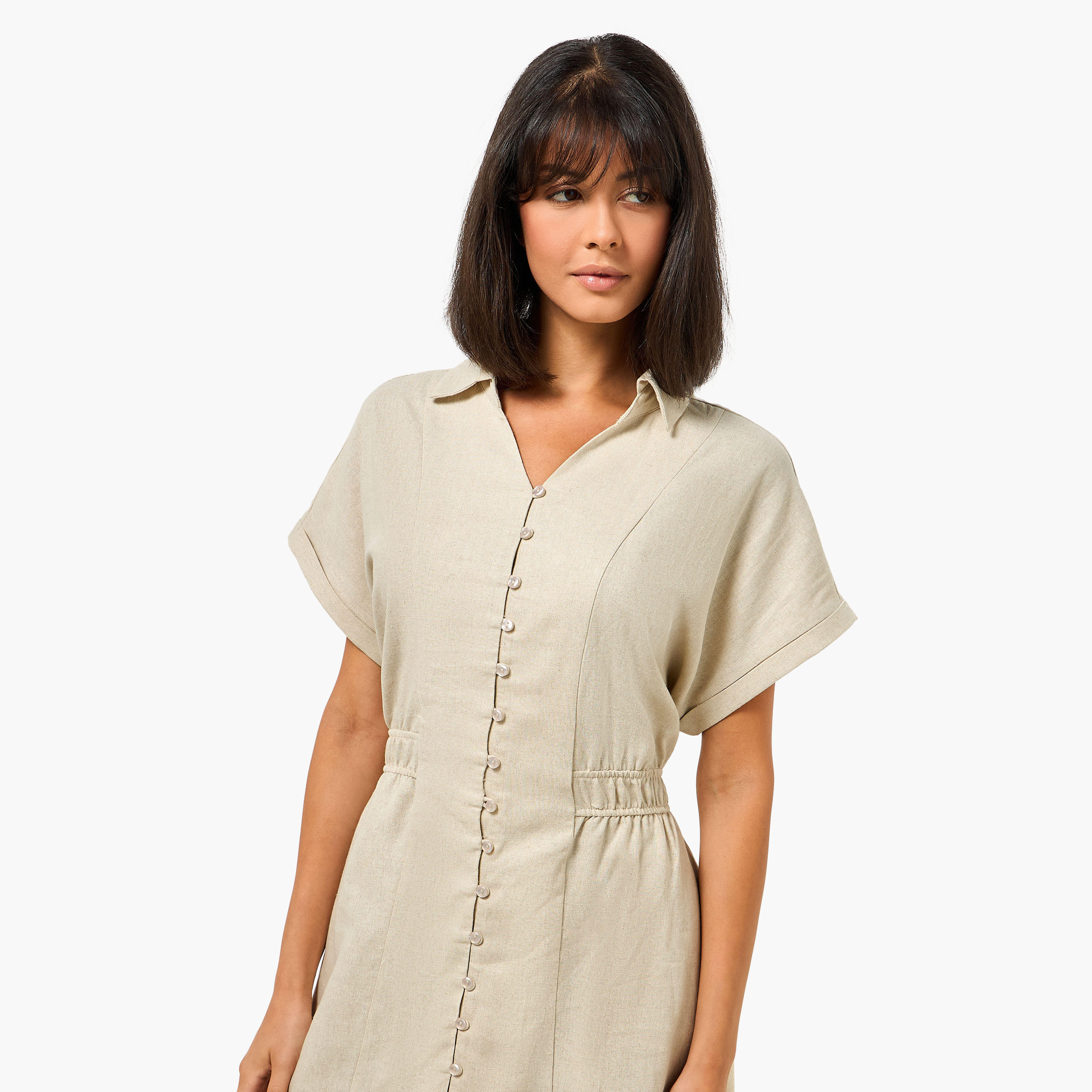 A-line Midi Linen Blend Shirt Dress with Cinched Waist-women-clothing-dresses-image-6
