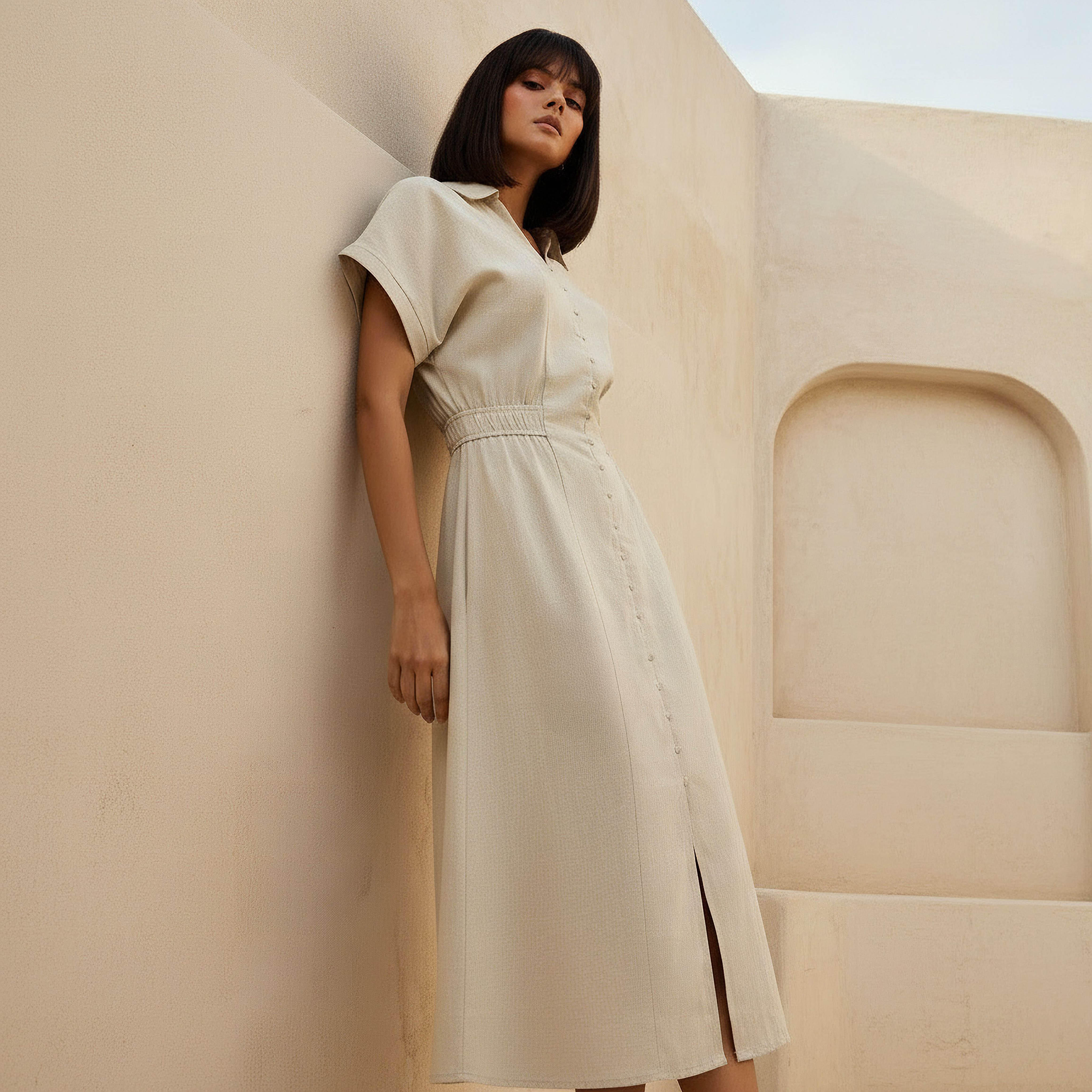 A-line Midi Linen Blend Shirt Dress with Cinched Waist-women-clothing-dresses-image-1