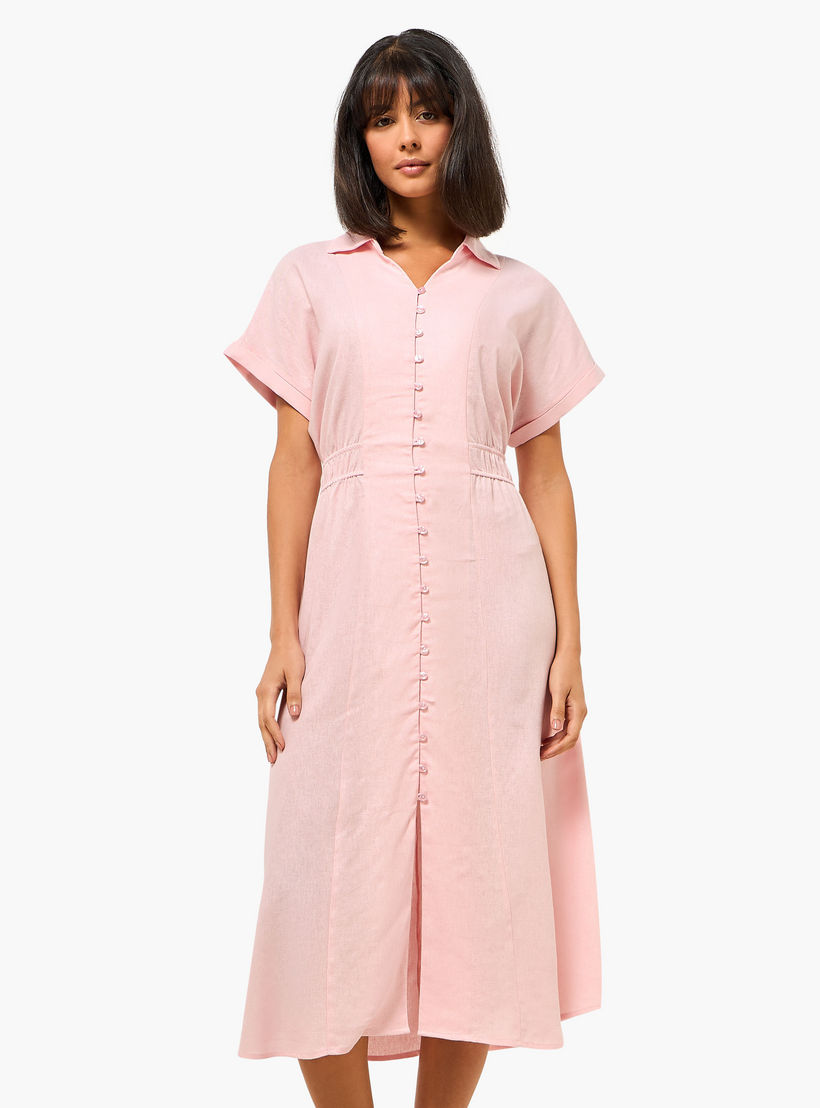 A-line Midi Linen Blend Shirt Dress with Cinched Waist-women-clothing-dresses-image-2