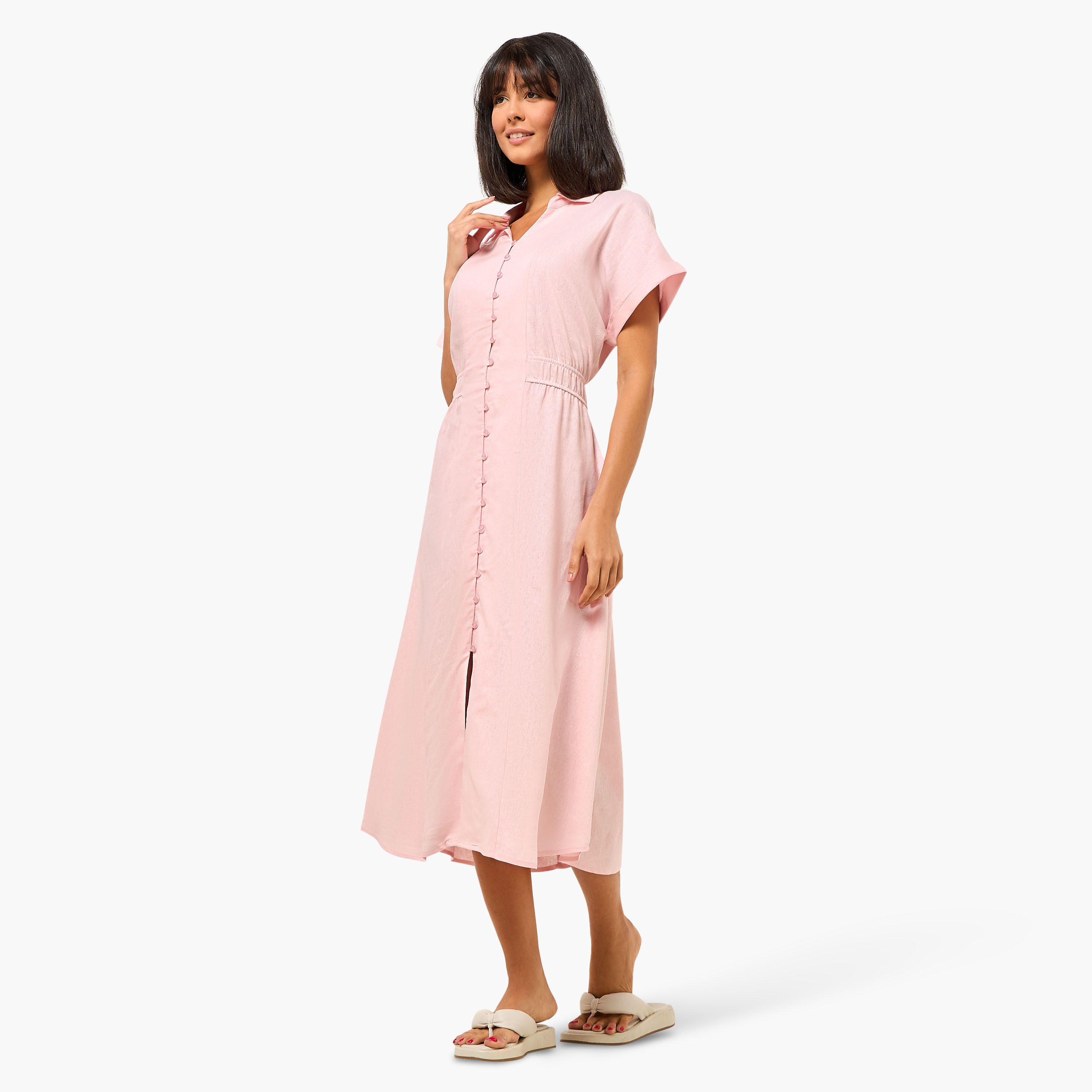 A-line Midi Linen Blend Shirt Dress with Cinched Waist-women-clothing-dresses-image-4