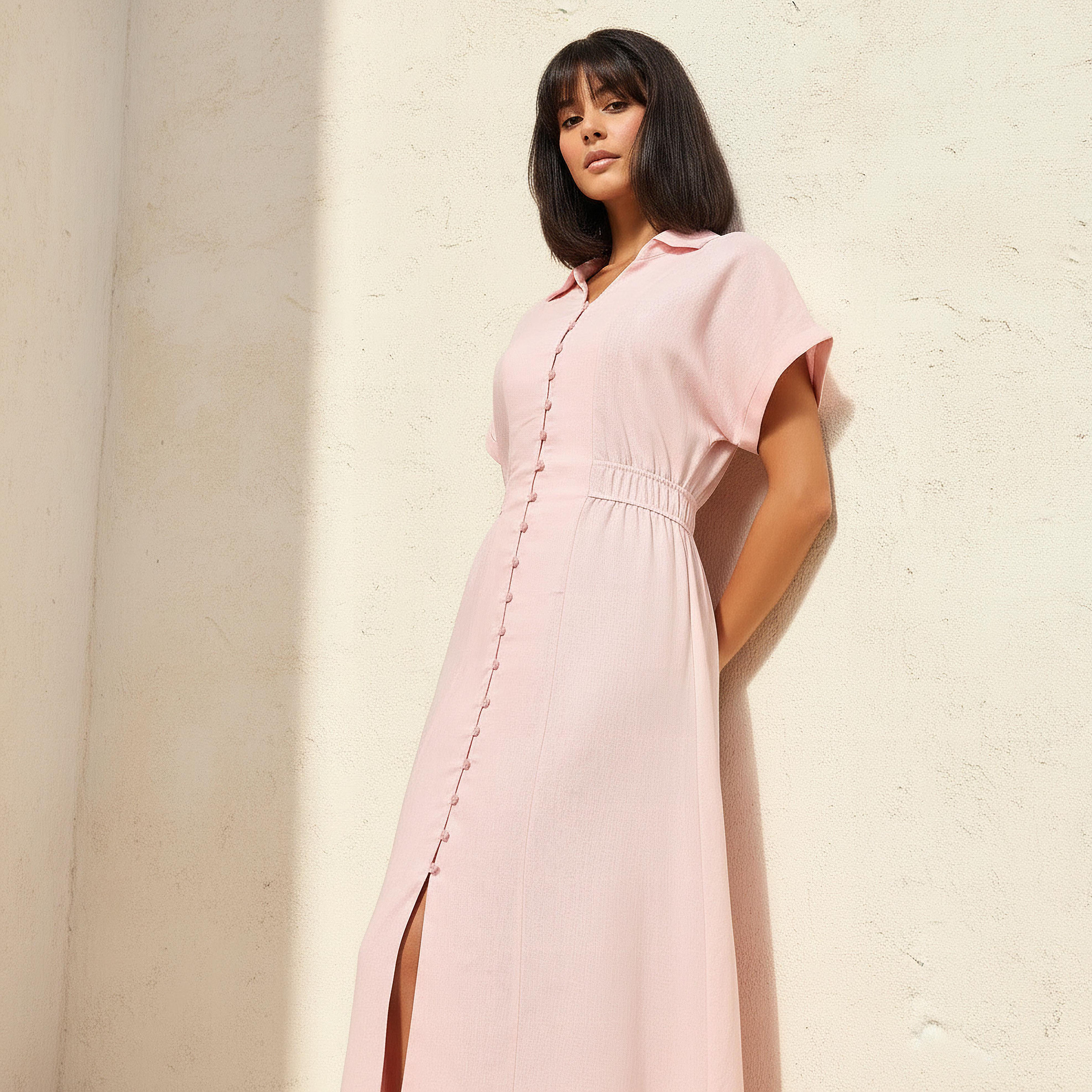A-line Midi Linen Blend Shirt Dress with Cinched Waist-women-clothing-dresses-image-1