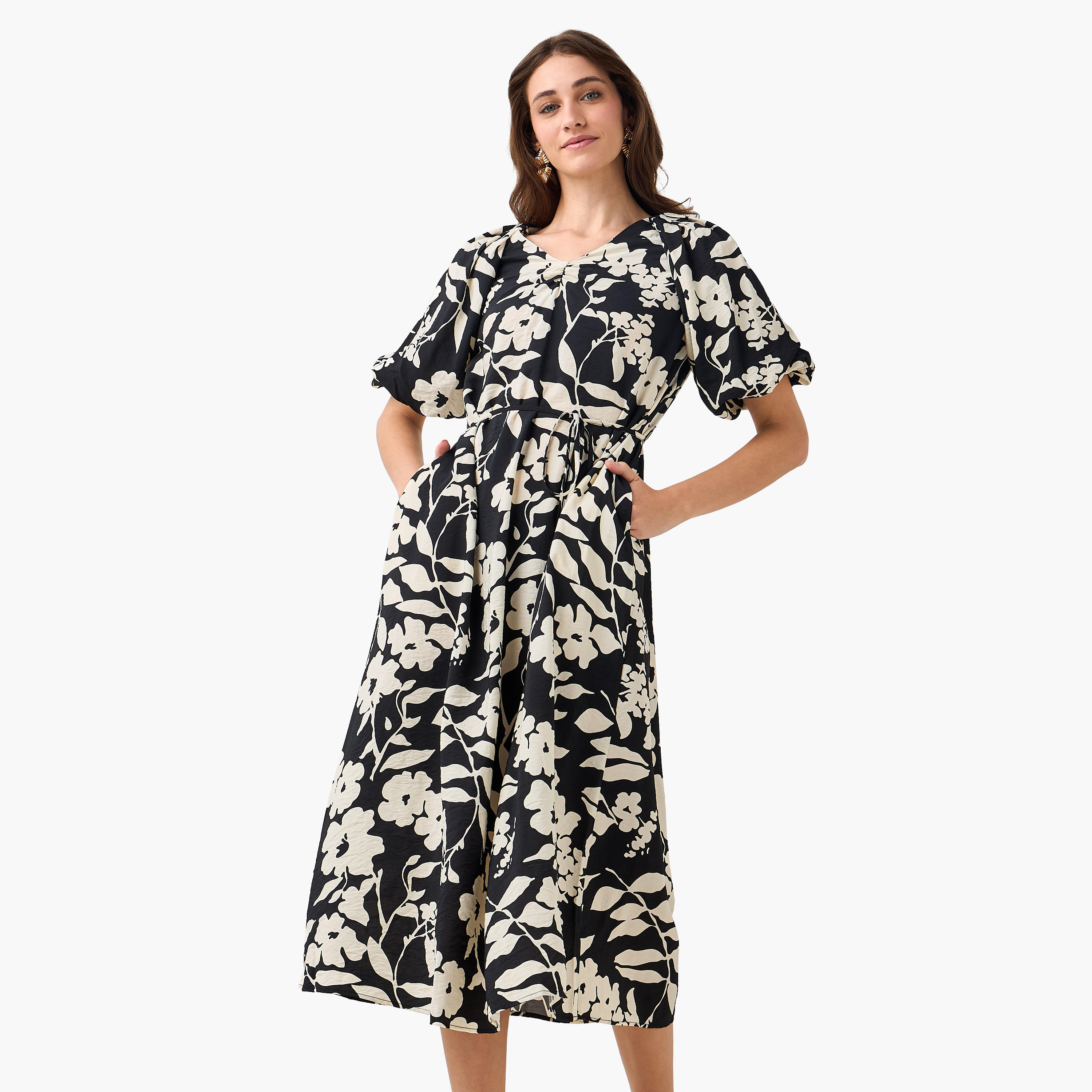 Midi Floral Print Women Dress with Balloon Sleeves-women-clothing-dresses-image-3