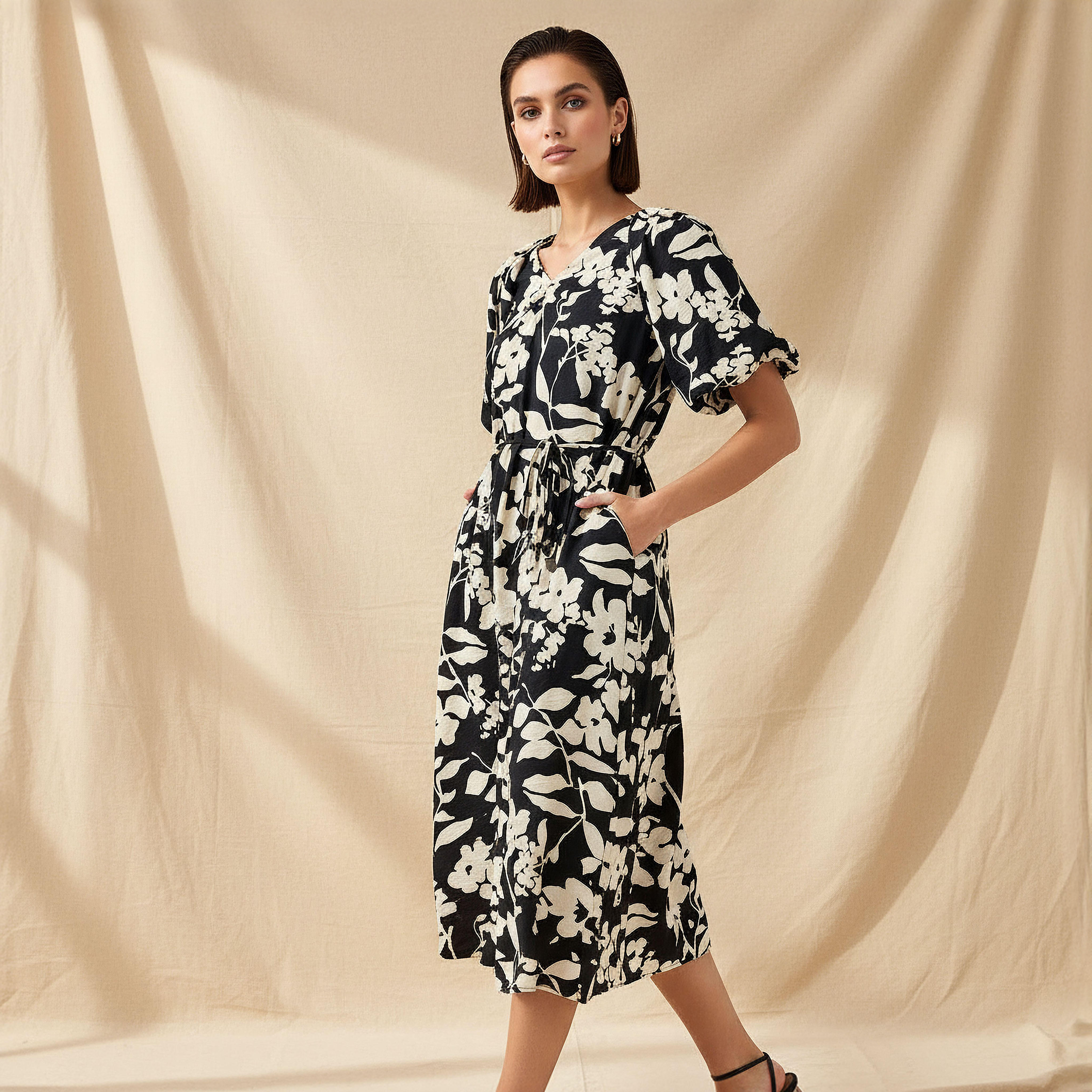Midi Floral Print Women Dress with Balloon Sleeves-women-clothing-dresses-image-1