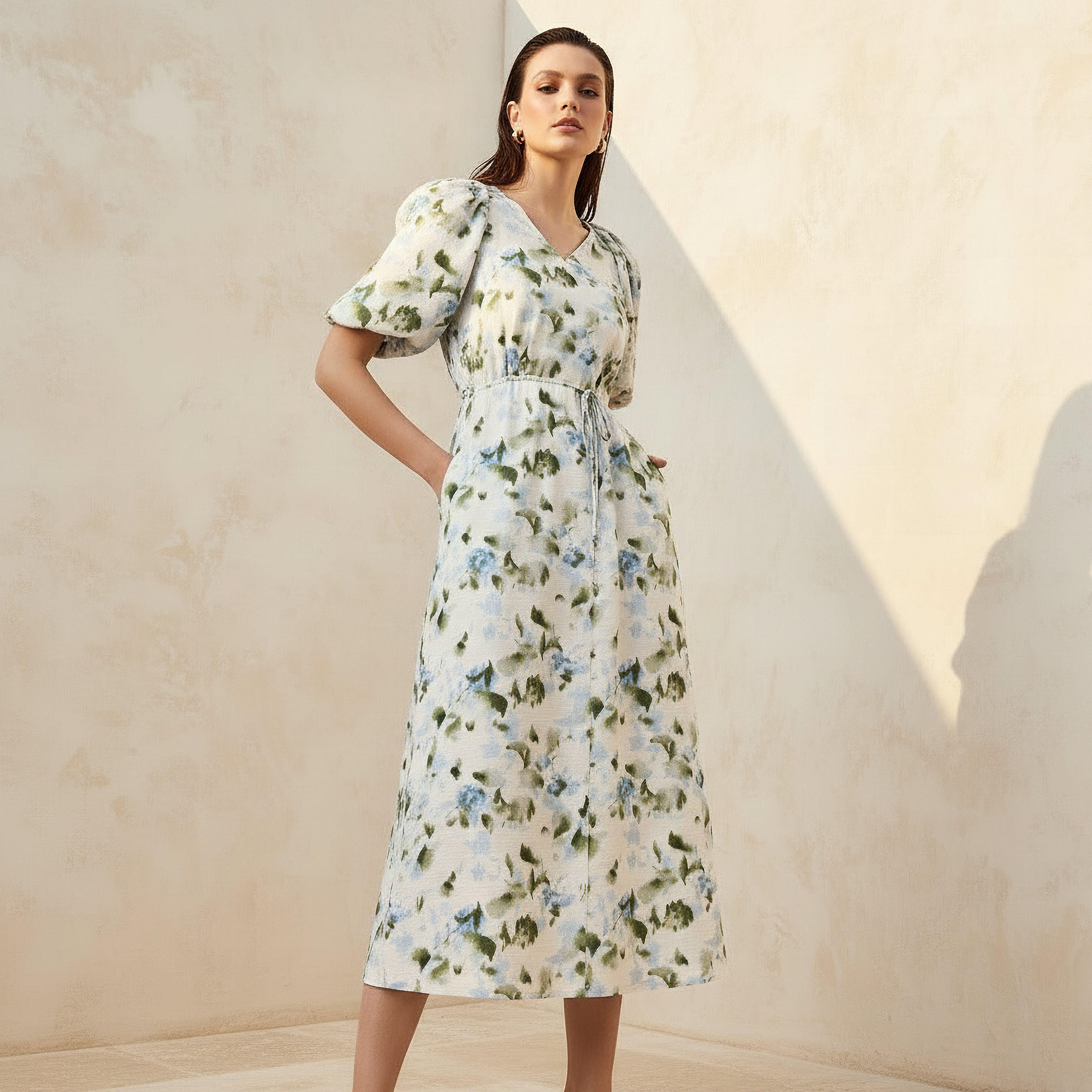 Midi Floral Print Women Dress with Balloon Sleeves-women-clothing-dresses-image-1