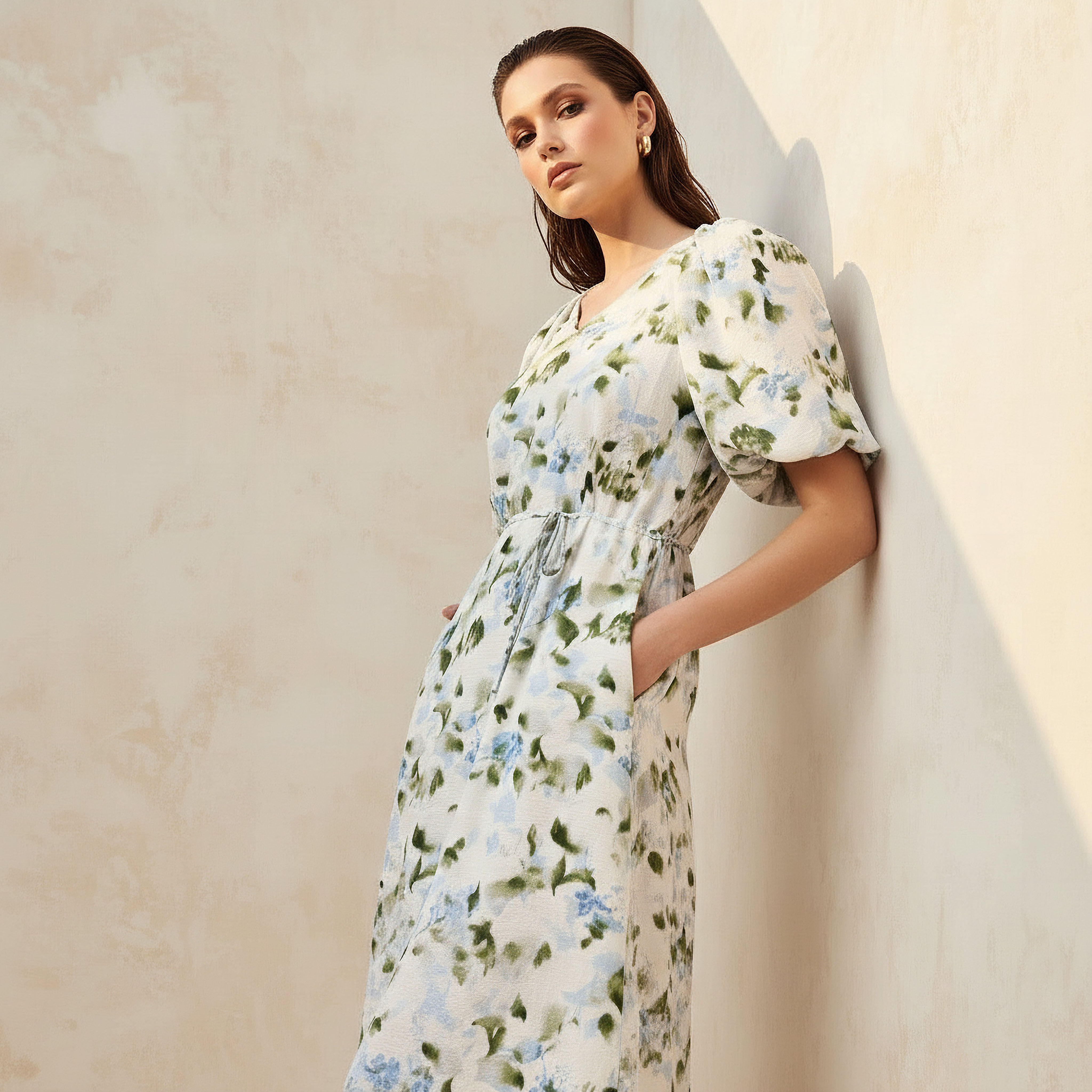 Midi Floral Print Women Dress with Balloon Sleeves-women-clothing-dresses-image-2