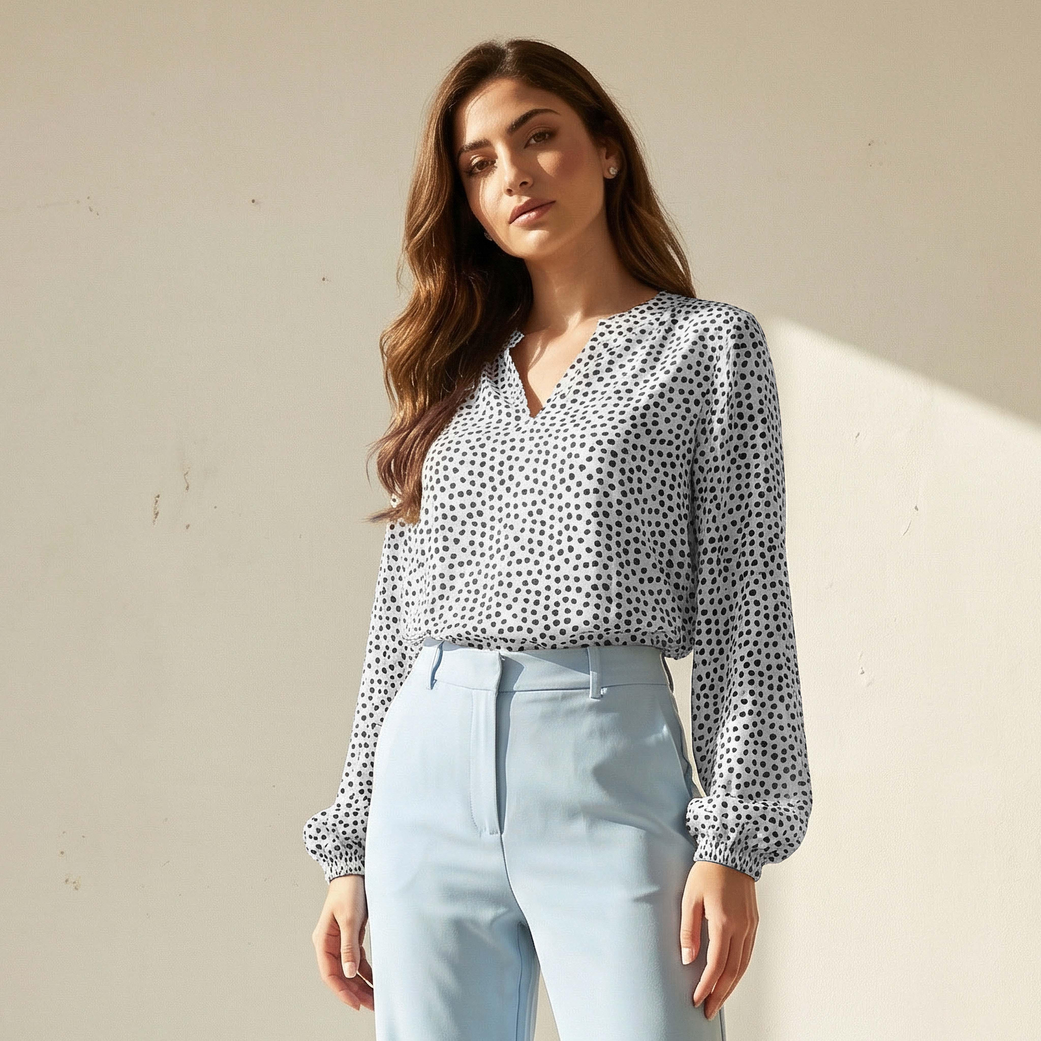 Mandarin Neck Top with Polka Dot Print-women-clothing-shirtsandblouses-blouses-image-1