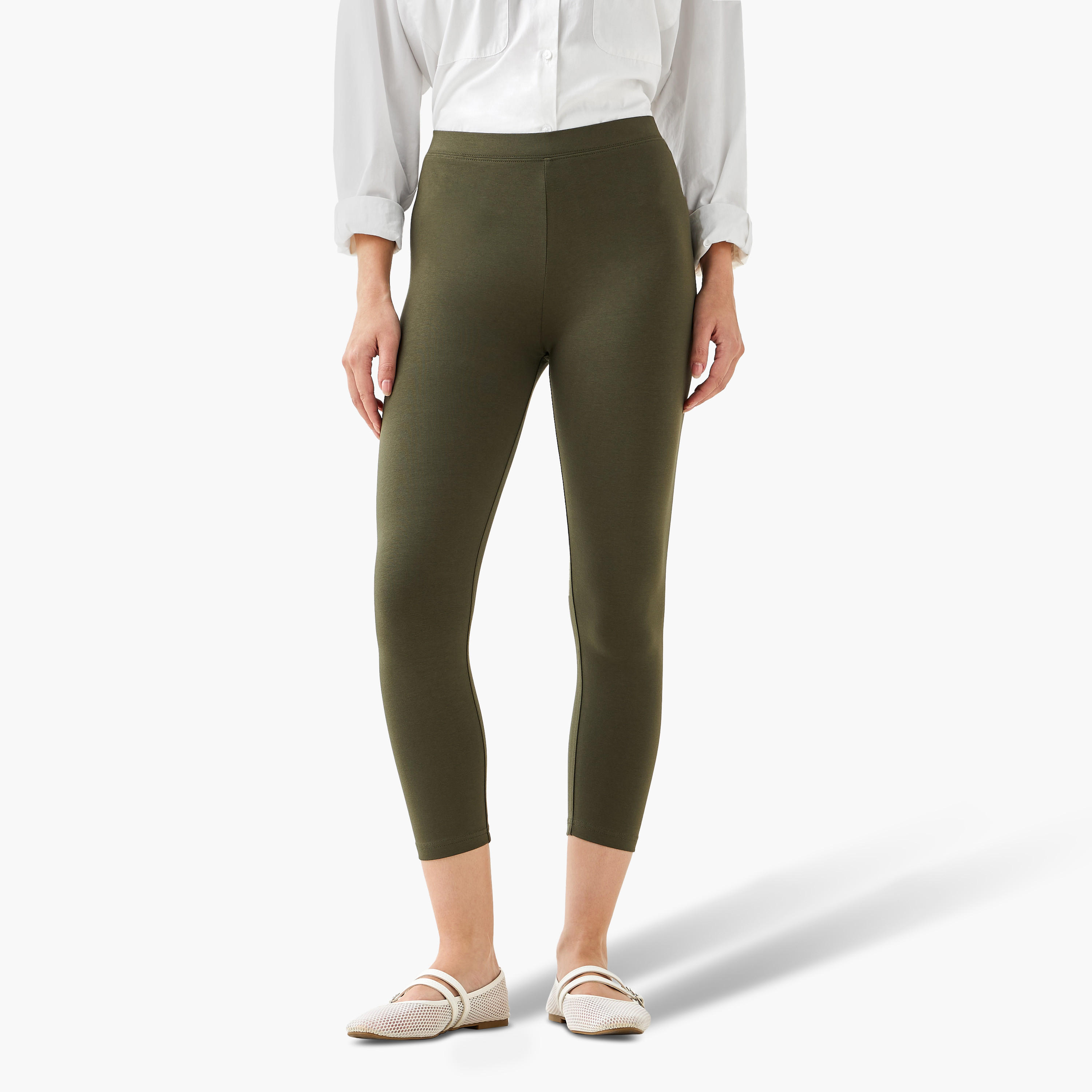 High-Rise 3/4 Length Leggings with Elasticated Waistband-women-clothing-bottoms-leggings-image-2