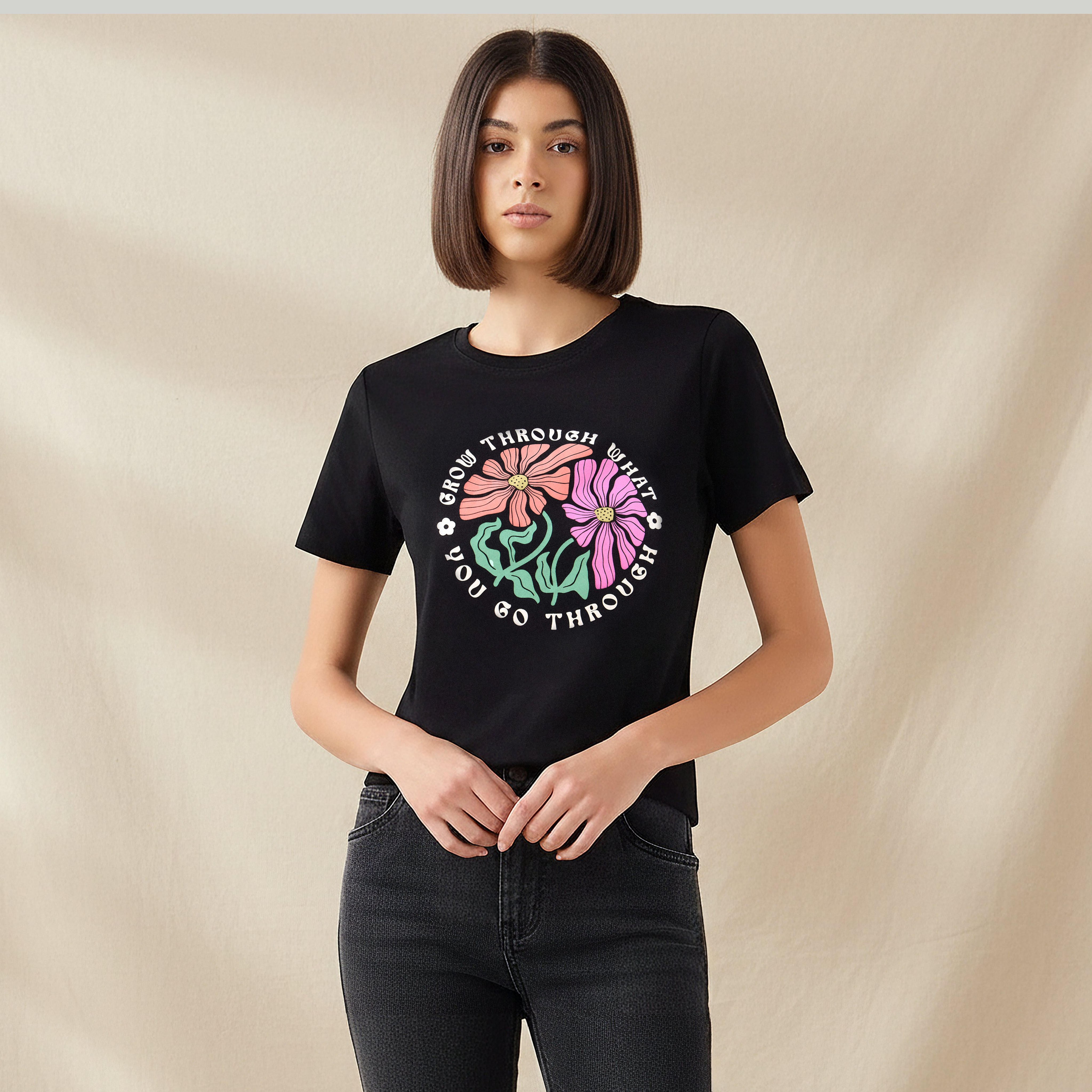 Regular Fit Cotton T-shirt with Floral Slogan Print-women-clothing-tshirts-image-1