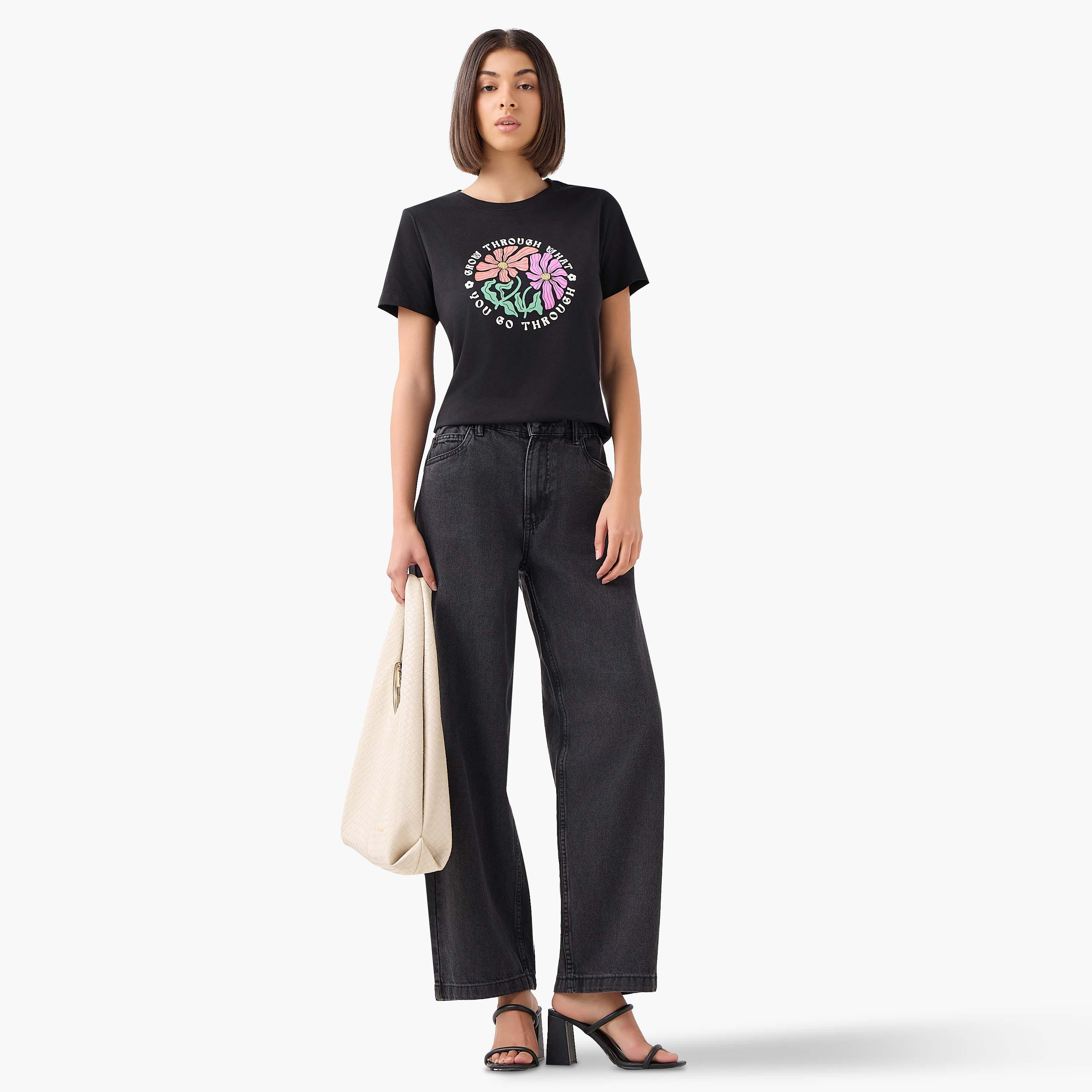 Regular Fit Cotton T-shirt with Floral Slogan Print-women-clothing-tshirts-image-2