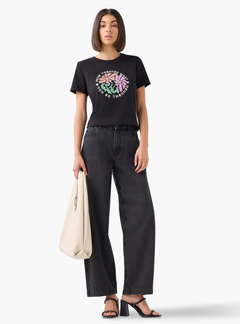 Regular Fit Cotton T-shirt with Floral Slogan Print-women-clothing-tshirts-image-2