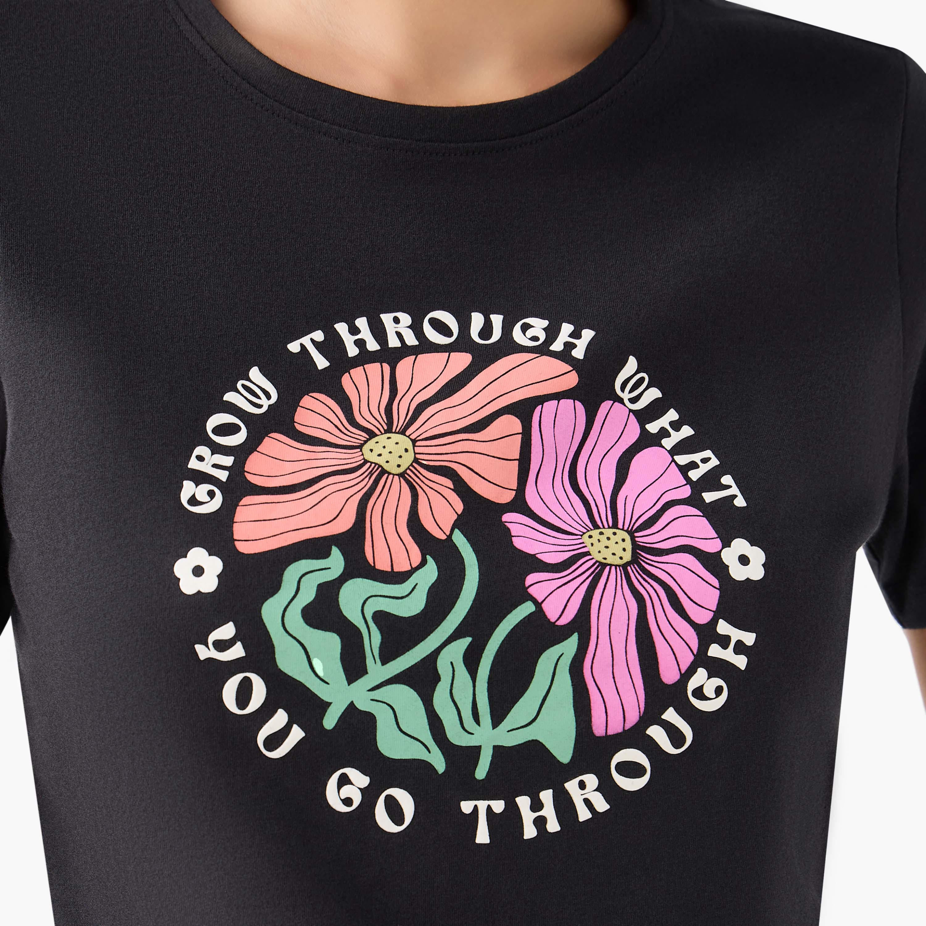 Regular Fit Cotton T-shirt with Floral Slogan Print-women-clothing-tshirts-image-4