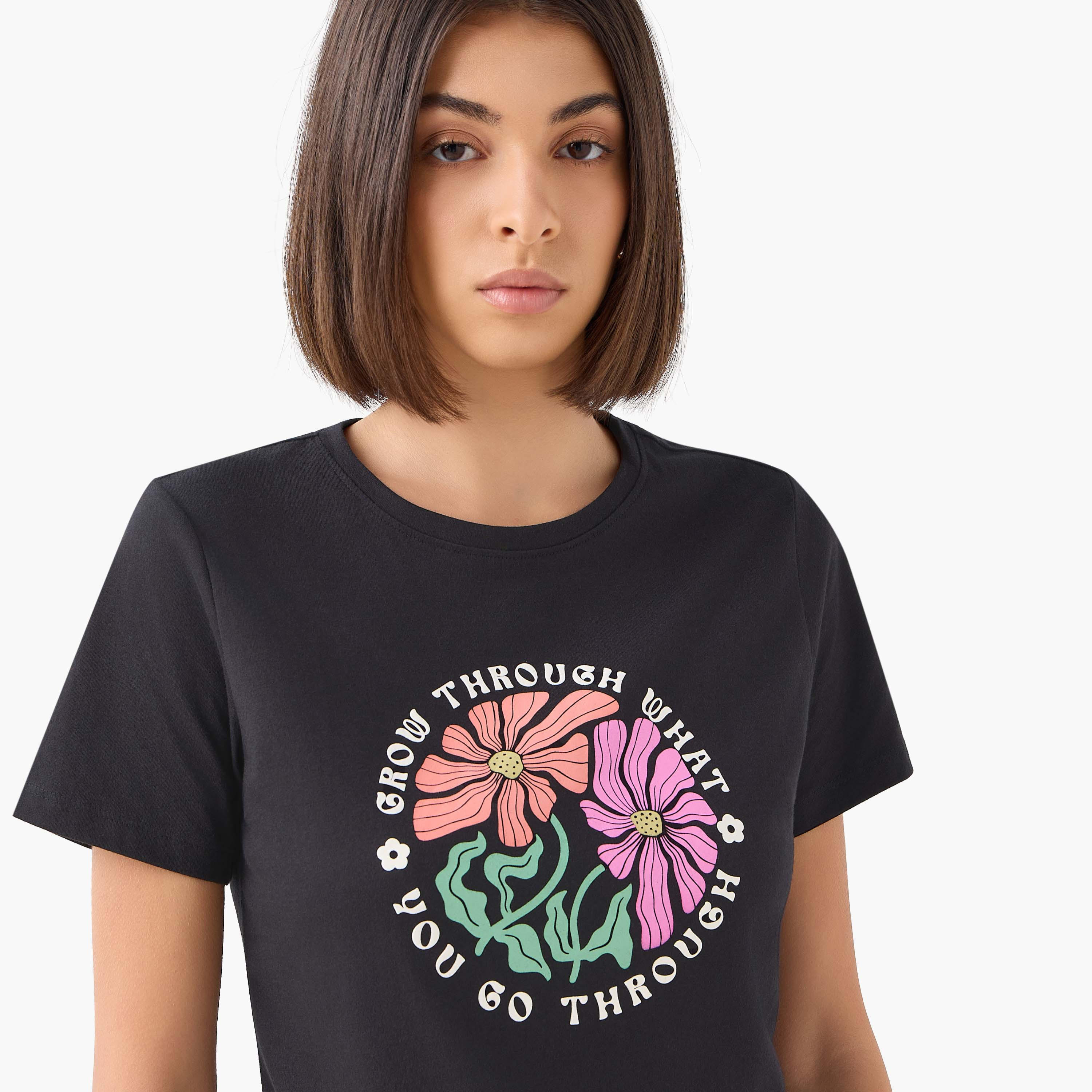 Regular Fit Cotton T-shirt with Floral Slogan Print-women-clothing-tshirts-image-5