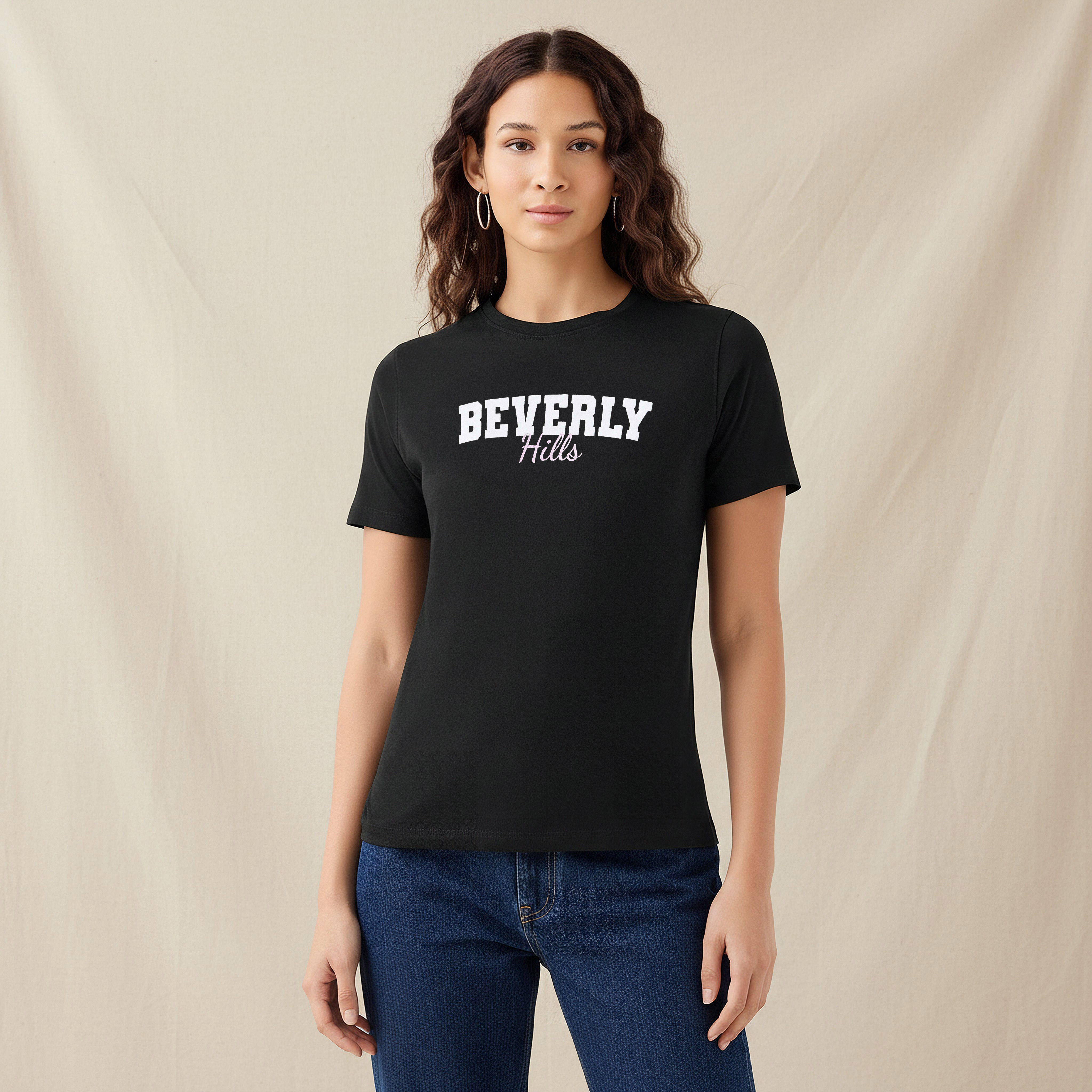 Regular Fit Cotton T-shirt with Typographic Print-women-clothing-tshirts-image-1