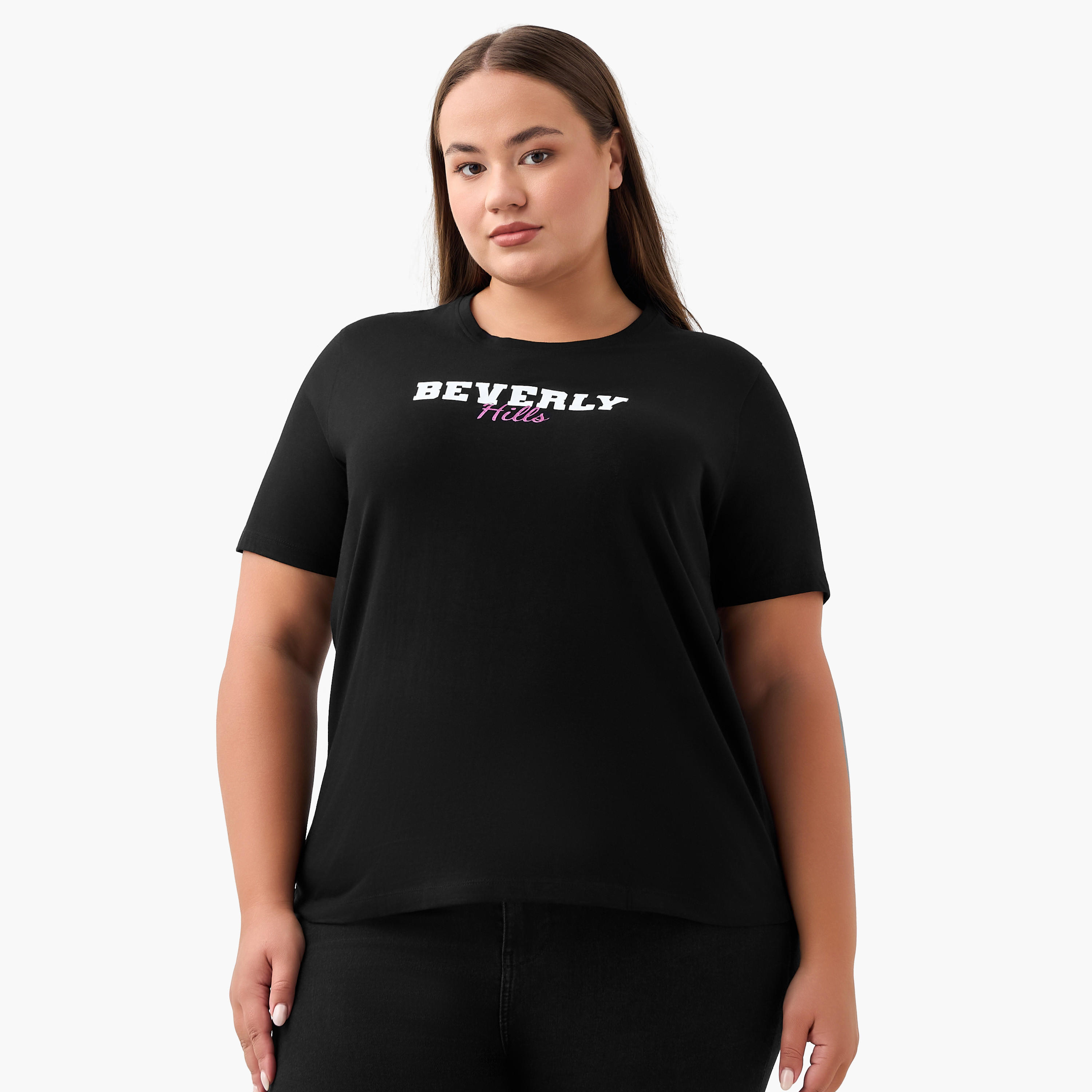 Regular Fit Cotton T-shirt with Typographic Print-women-clothing-tshirts-image-2