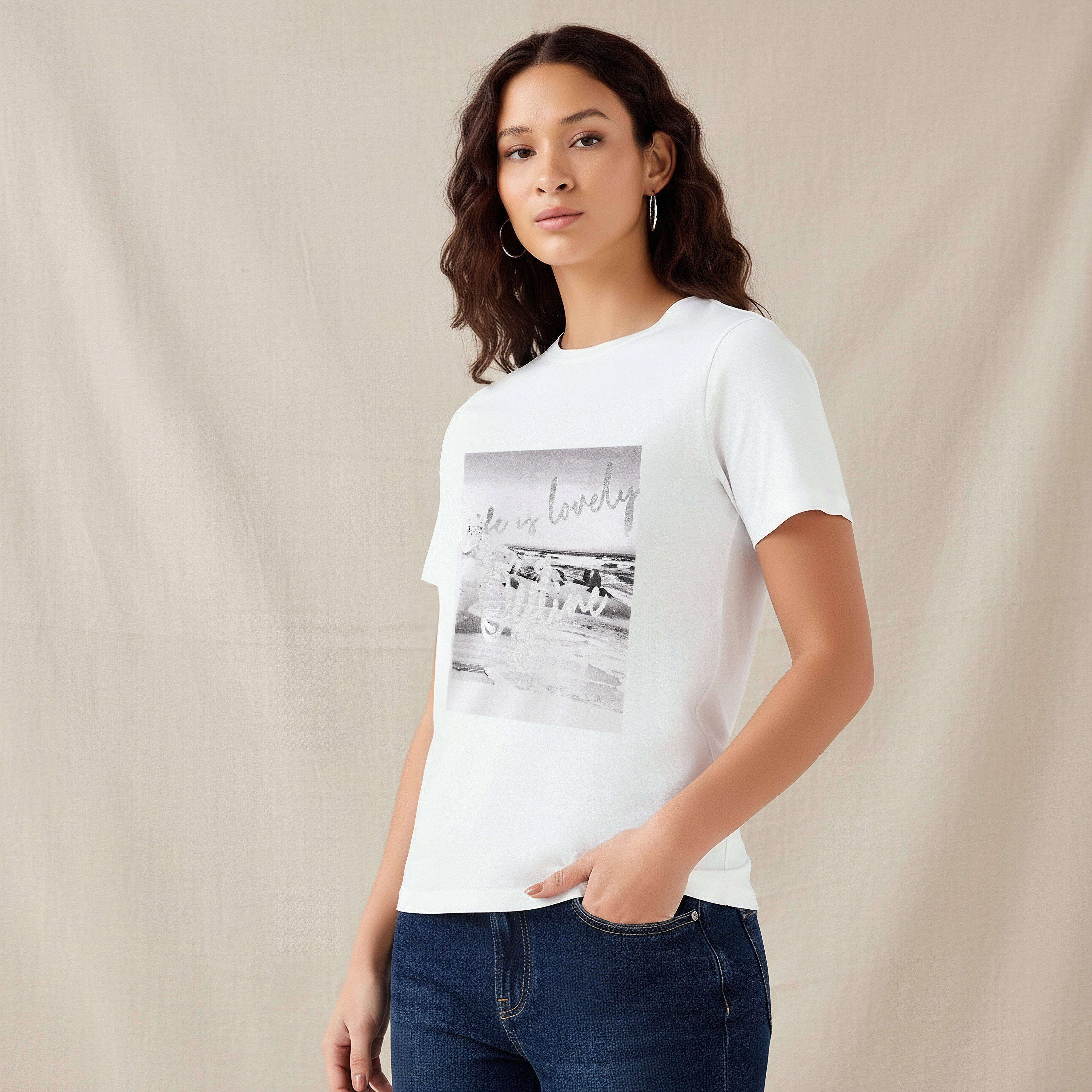 Regular Fit Cotton T-shirt with Graphic Print-women-clothing-tshirts-image-1