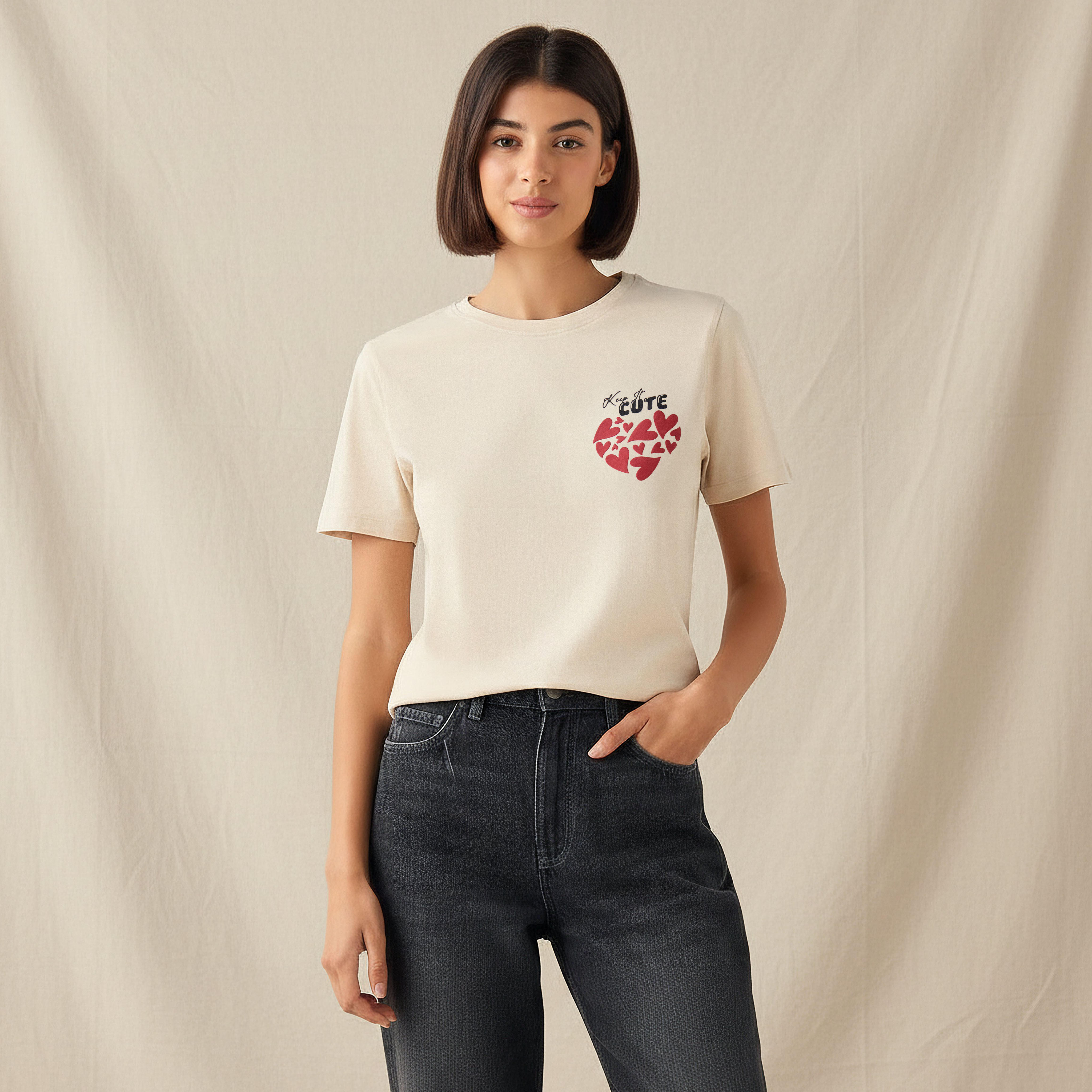 Regular Fit Cotton T-shirt with Heart Print-women-clothing-tshirts-image-1