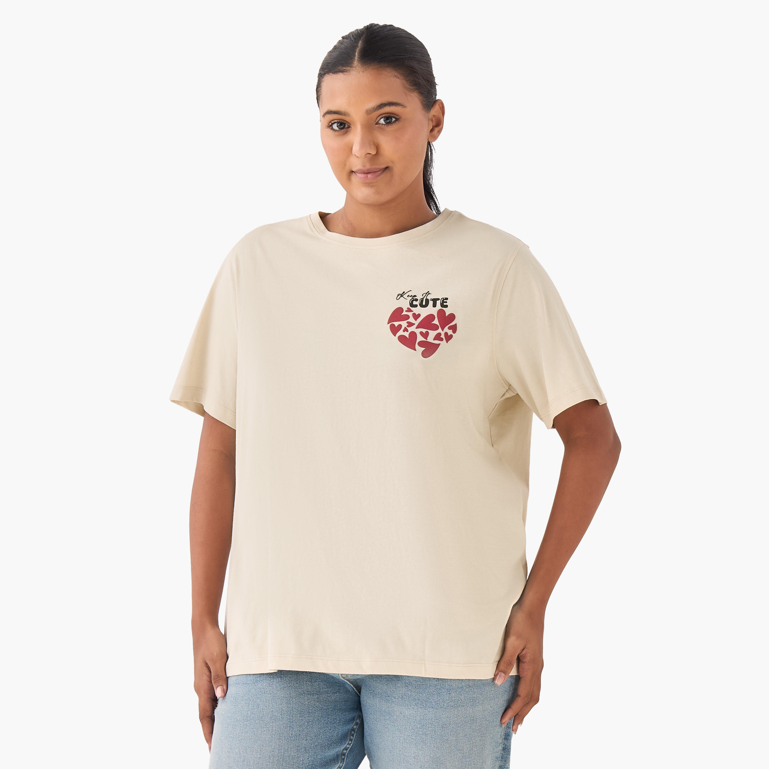 Regular Fit Cotton T-shirt with Heart Print-women-clothing-tshirts-image-2