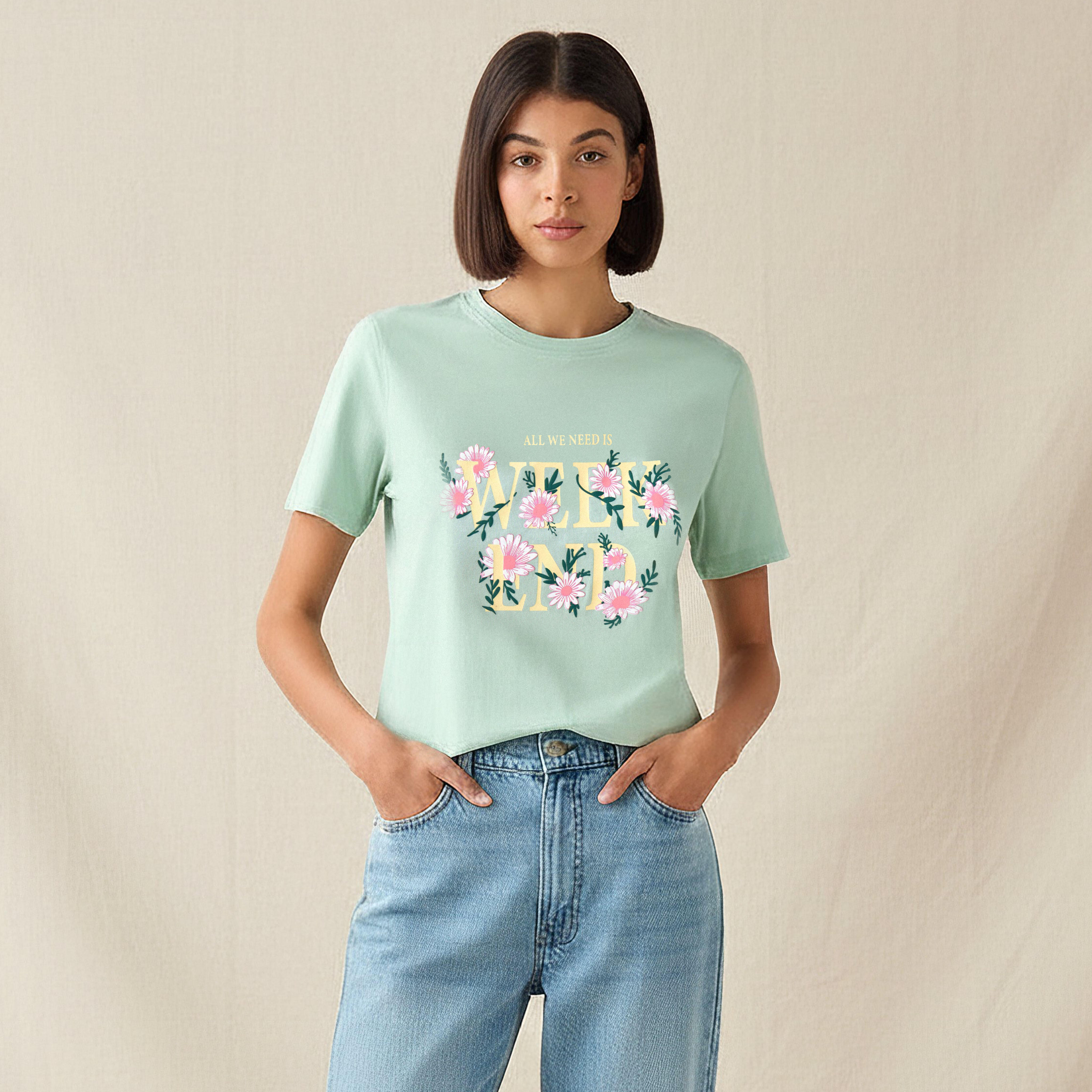 Regular Fit Cotton T-shirt with Slogan Print-women-clothing-tshirts-image-1