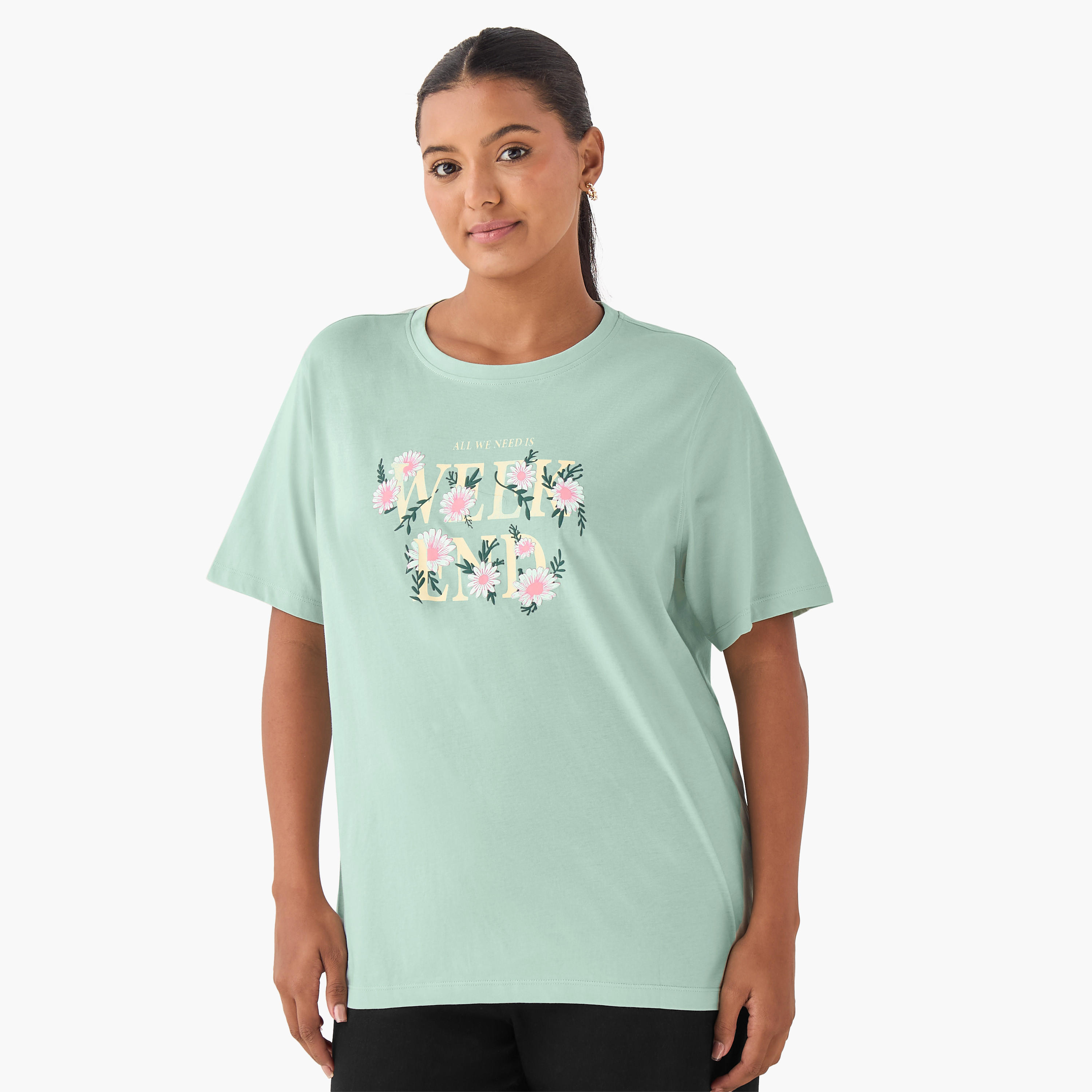 Regular Fit Cotton T-shirt with Slogan Print-women-clothing-tshirts-image-2