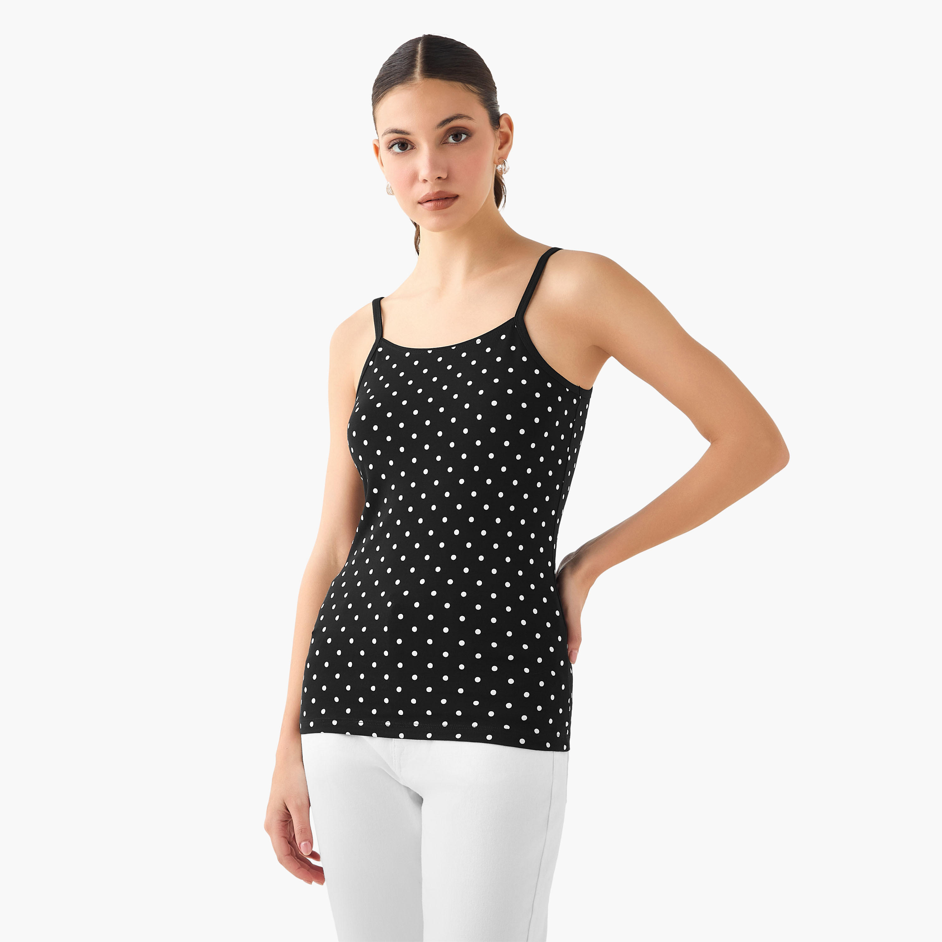 Polka Dot Print Tank Top with Spaghetti Straps-women-clothing-tshirts-image-2