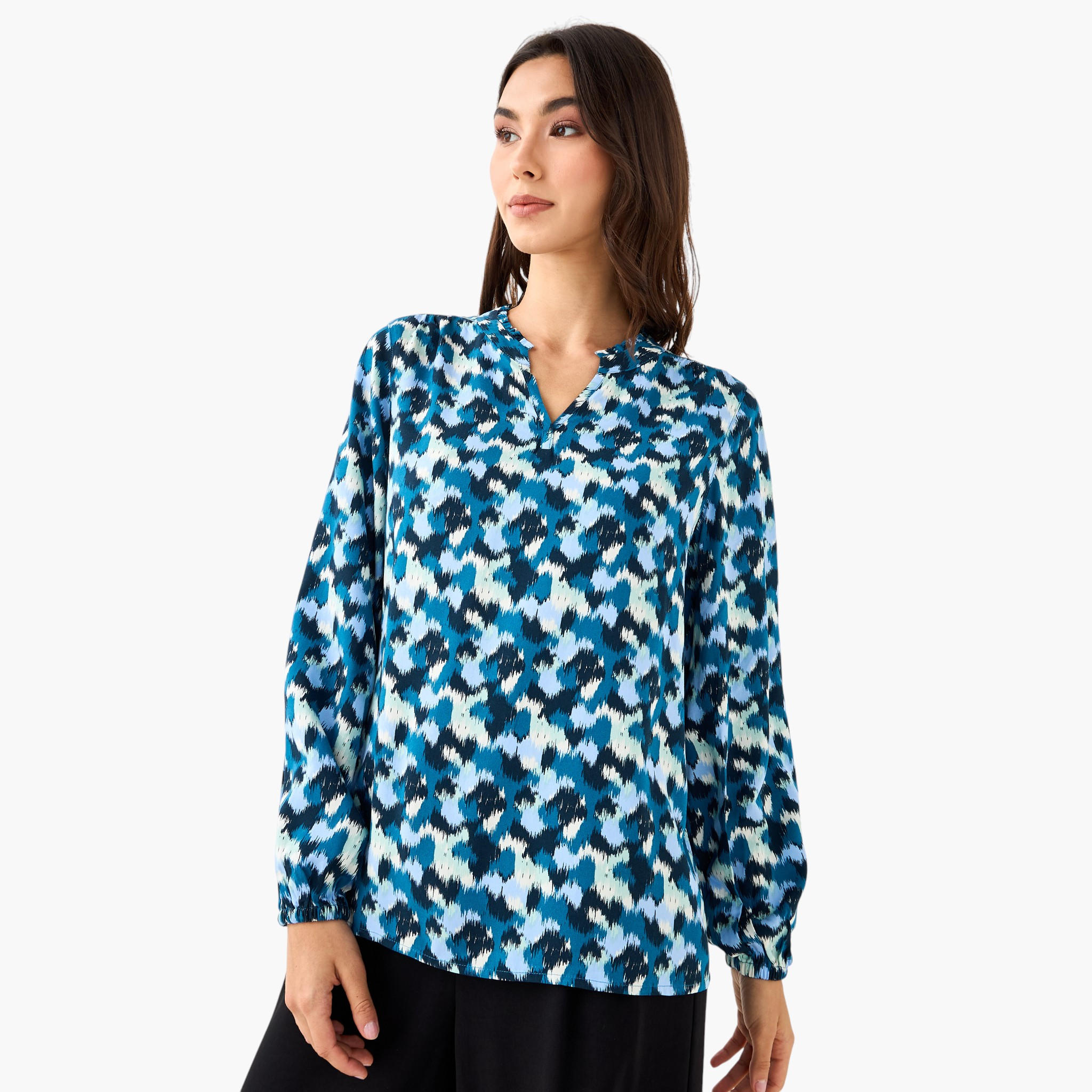 بلوزة فيسكوز بياقة ماندارين وبقصة عادية-women-clothing-shirtsandblouses-blouses-image-6