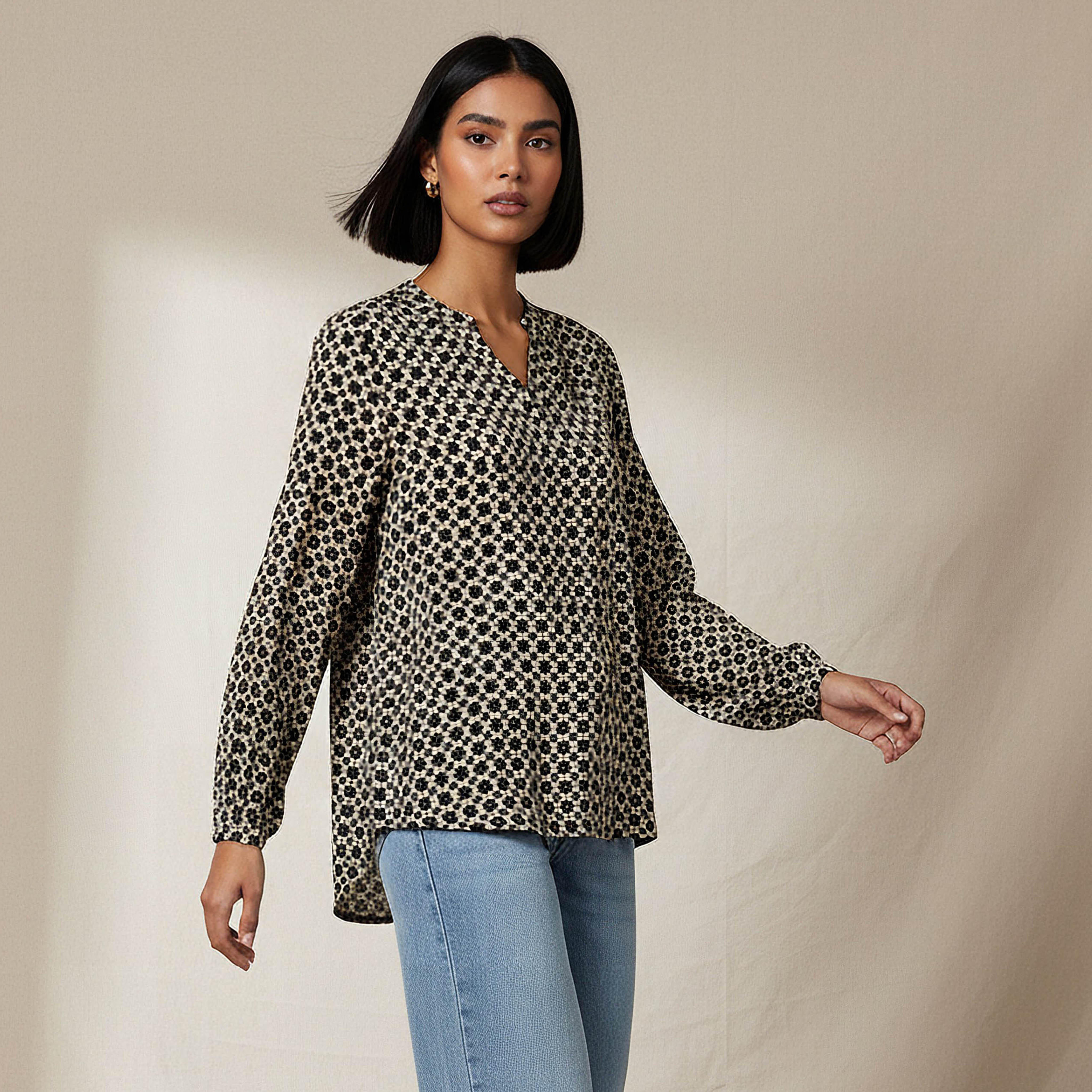 Regular Fit Viscose Mandarin Neck Top with Geometric Print-women-clothing-shirtsandblouses-blouses-image-1