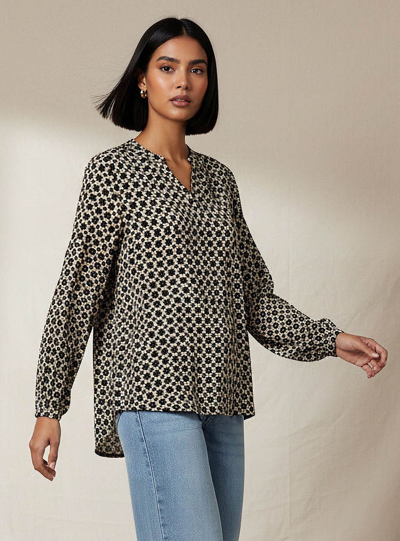 Regular Fit Viscose Mandarin Neck Top with Geometric Print-women-clothing-shirtsandblouses-blouses-image-1
