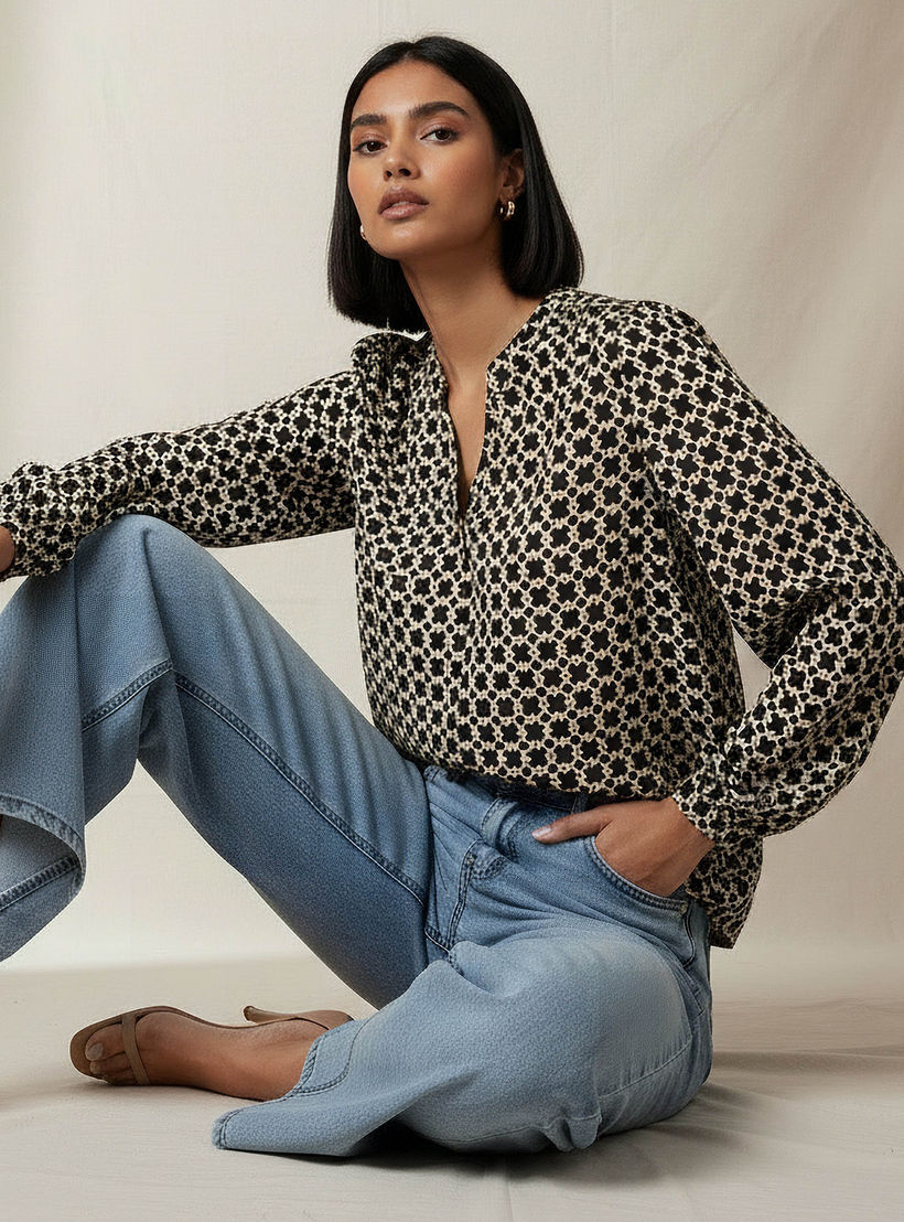 Regular Fit Viscose Mandarin Neck Top with Geometric Print-women-clothing-shirtsandblouses-blouses-image-5