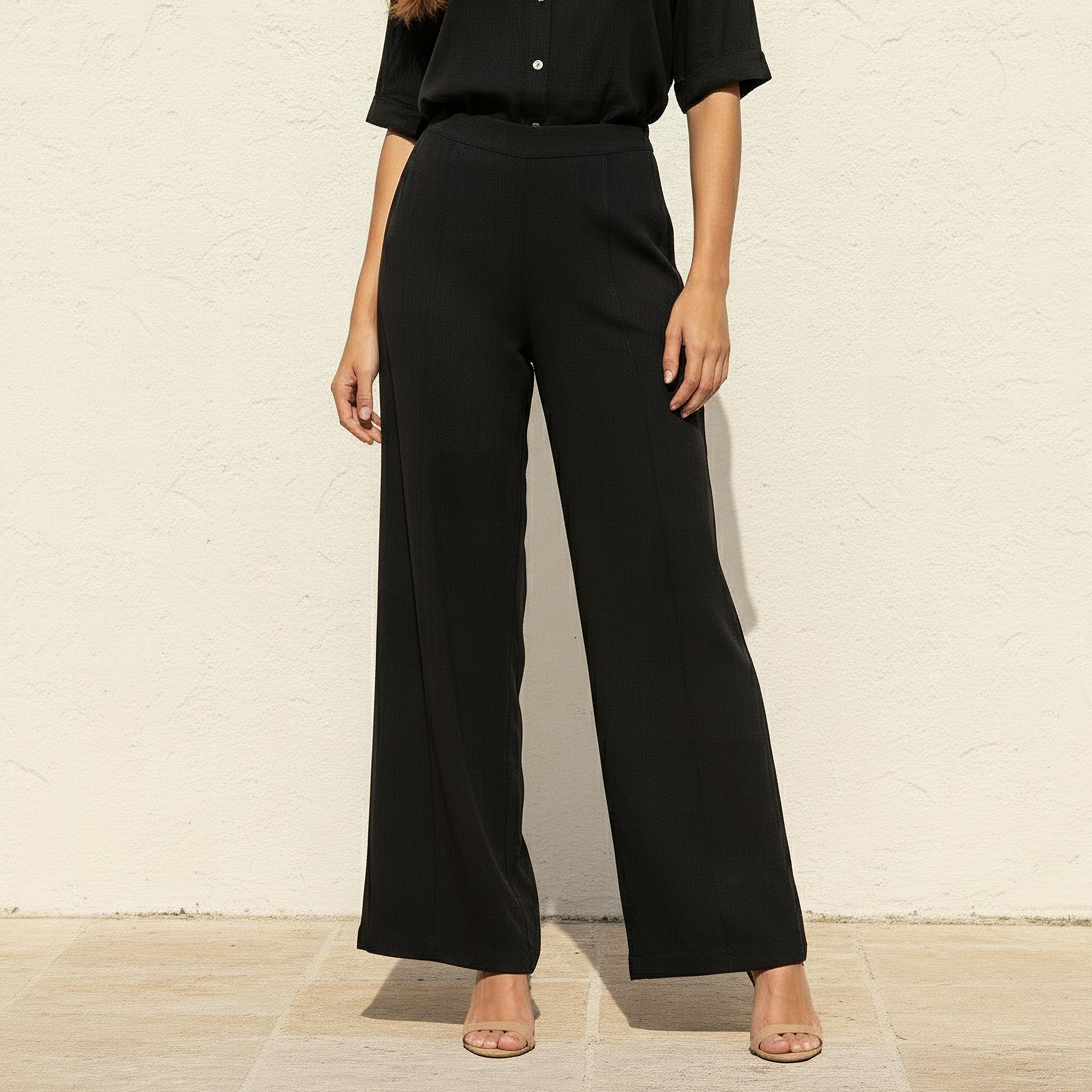 بنطلون واسع الساقين بتفاصيل كسرات وخصر مطاطي-women-clothing-bottoms-trousers-image-1