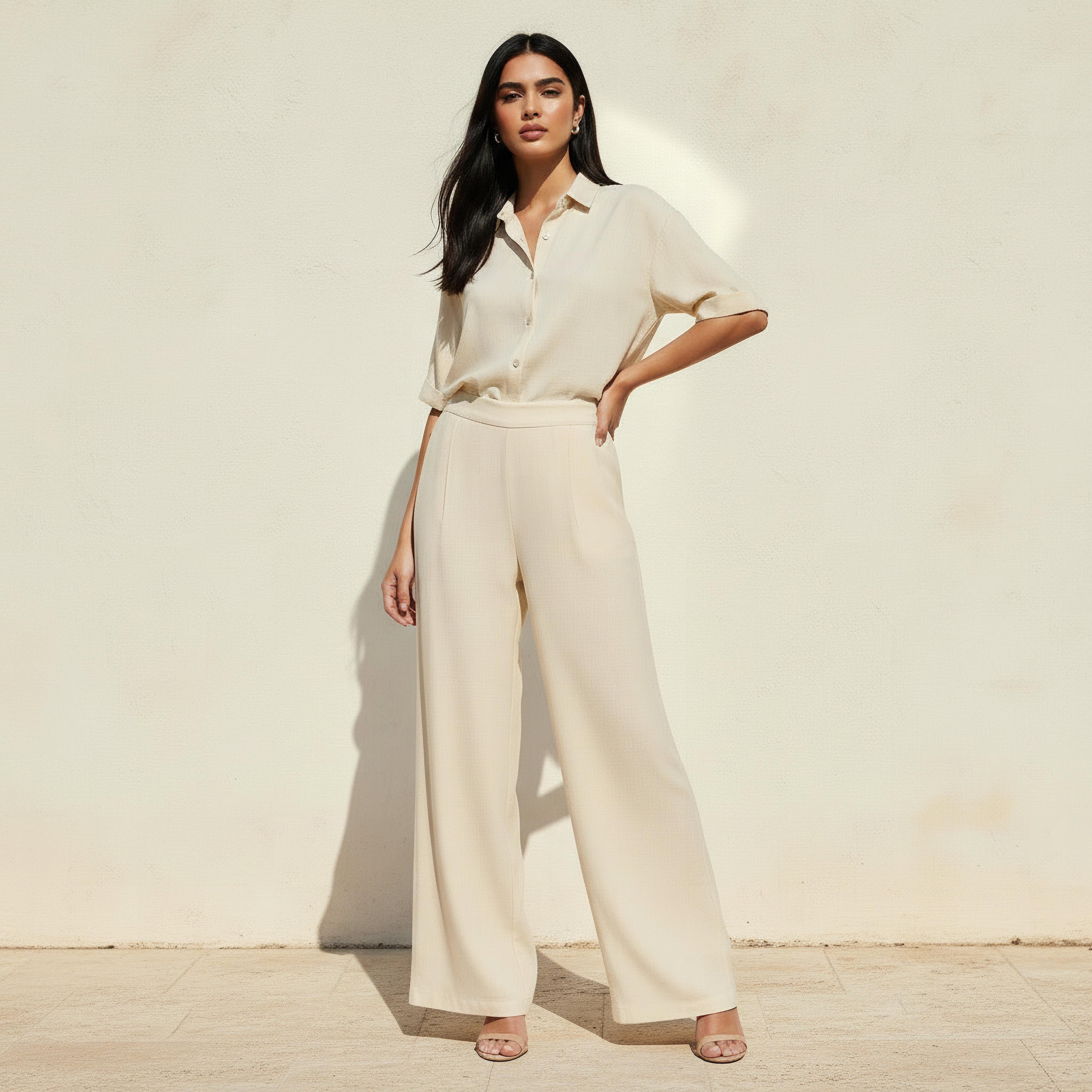 بنطلون واسع الساقين بتفاصيل كسرات وخصر مطاطي-women-clothing-bottoms-trousers-image-3