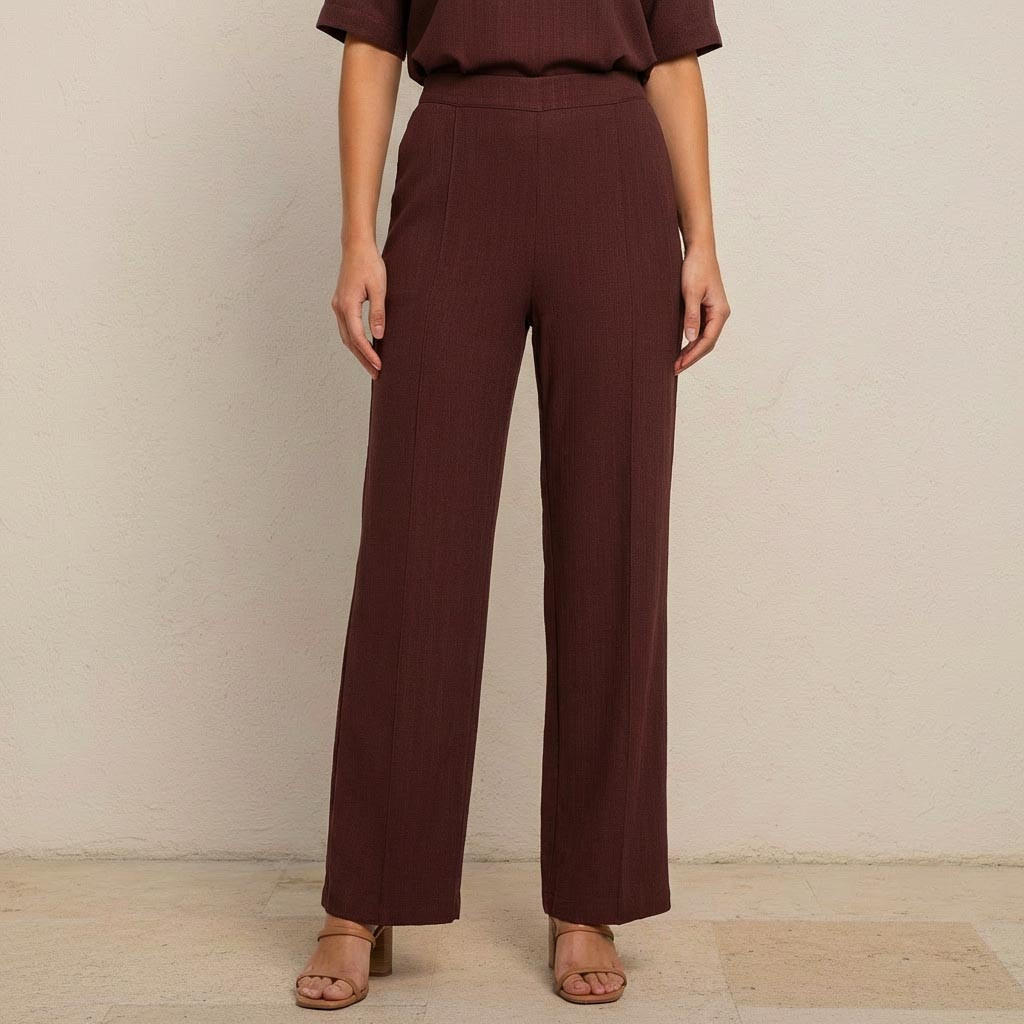 بنطلون واسع الساقين بتفاصيل كسرات وخصر مطاطي-women-clothing-bottoms-trousers-image-1